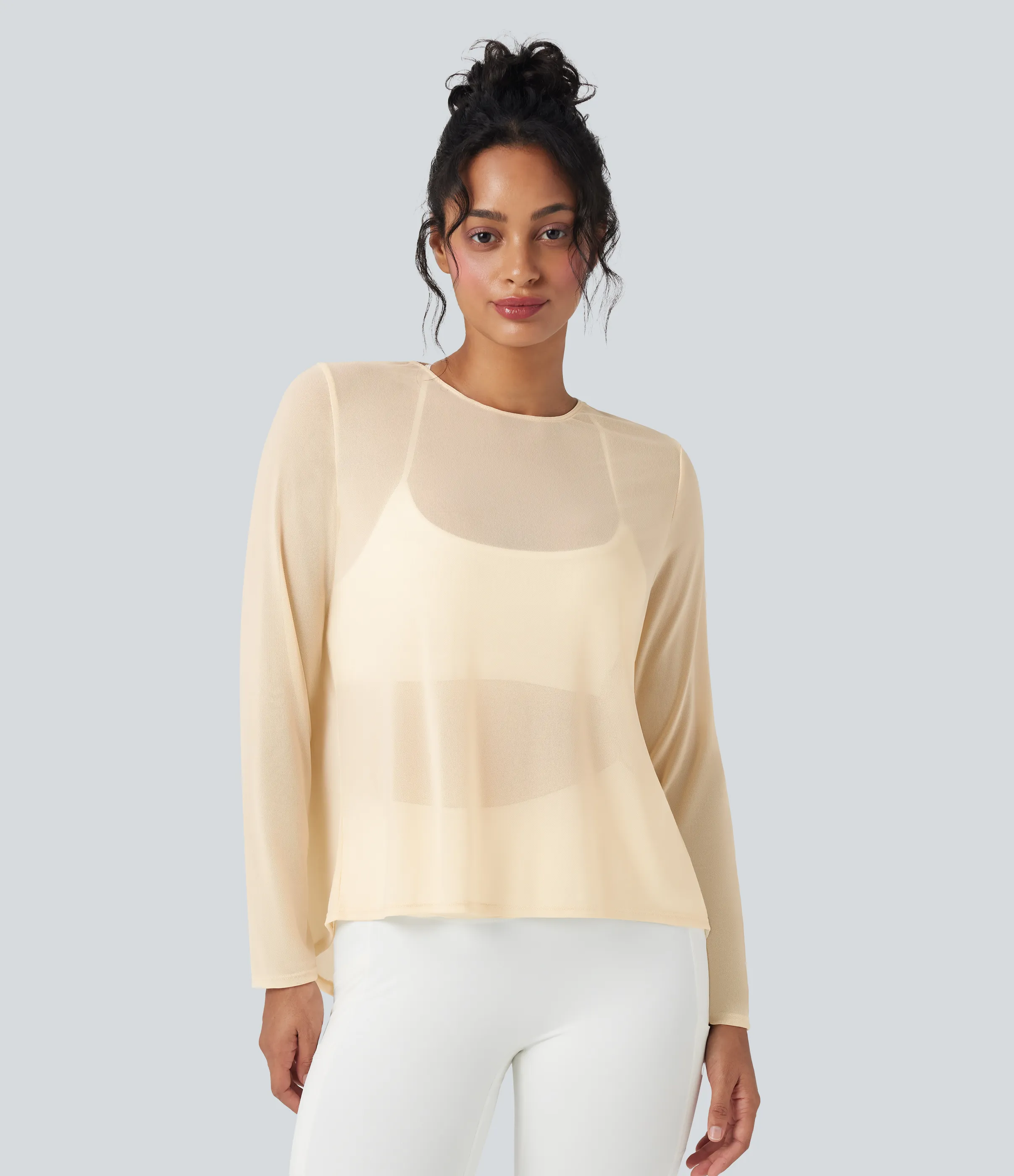 Halara Top deportivo de yoga de manga larga con aberturas de malla transparente - Pearled Ivory - XL sold by Halara product image thumbnail 3