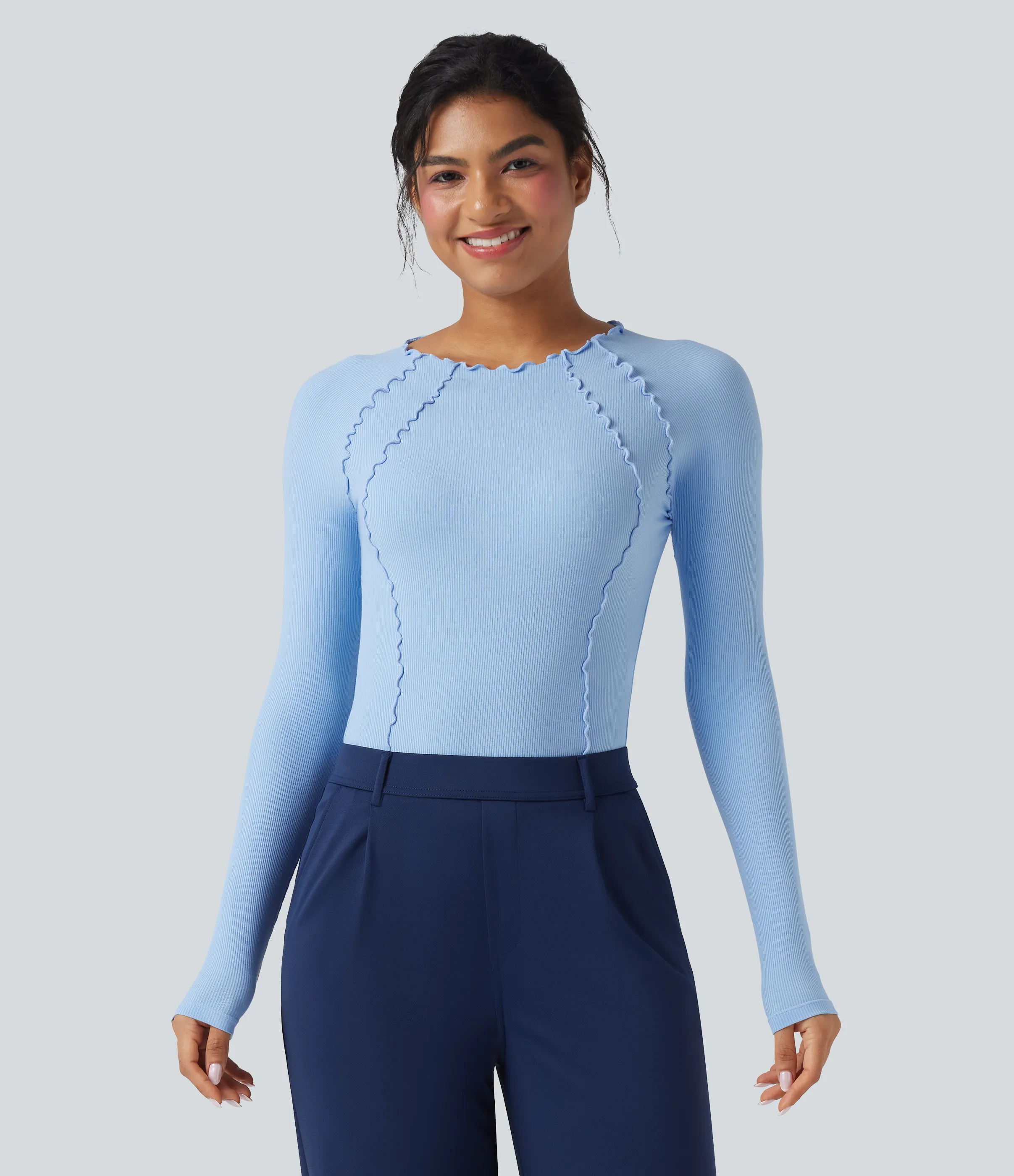 Halara Body de oficina de punto acanalado de manga larga con ribete y cuello redondo - Airy Blue - XL sold by Halara
