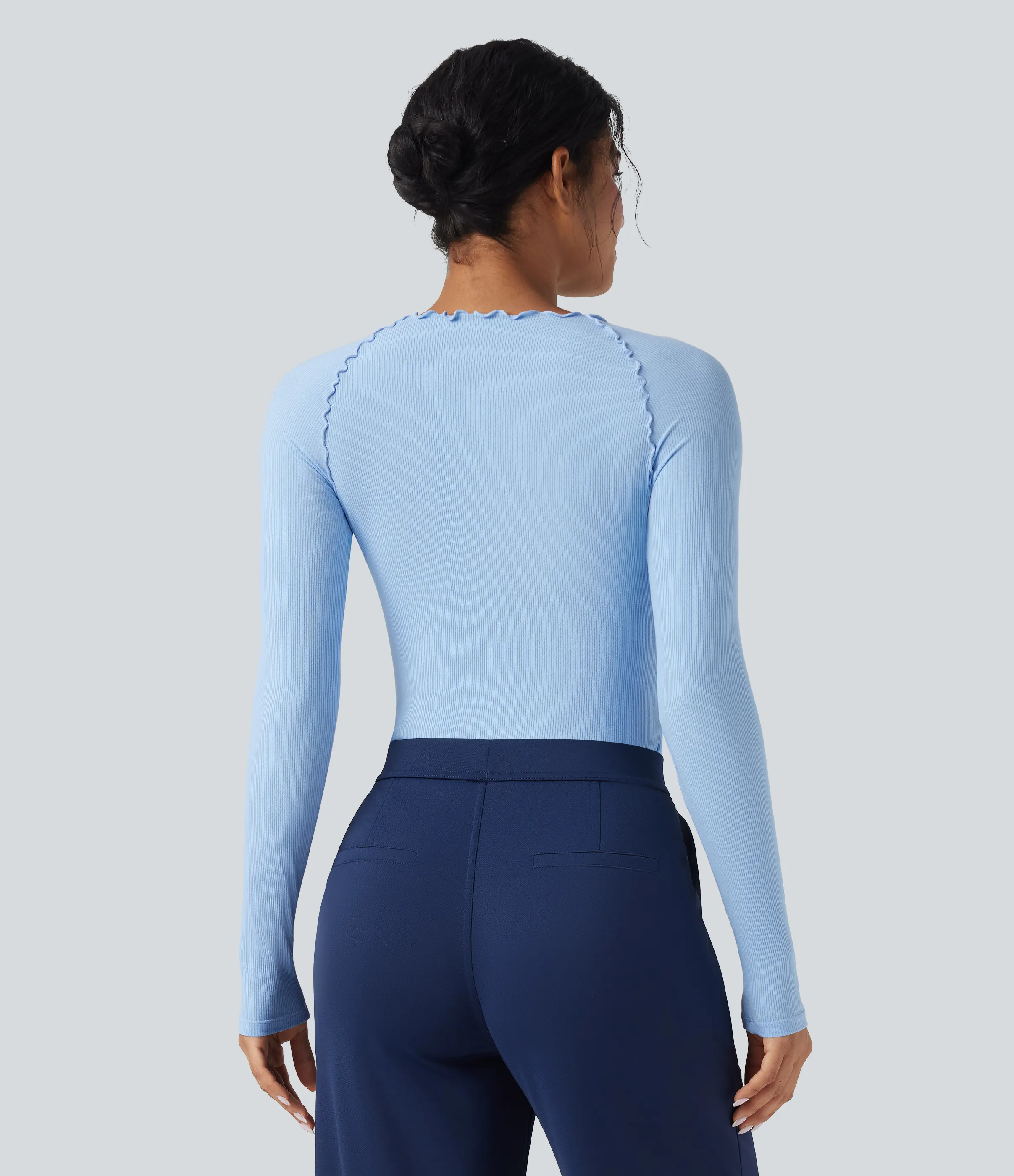 Halara Body de oficina de punto acanalado de manga larga con ribete y cuello redondo - Airy Blue - XL sold by Halara product image thumbnail 4