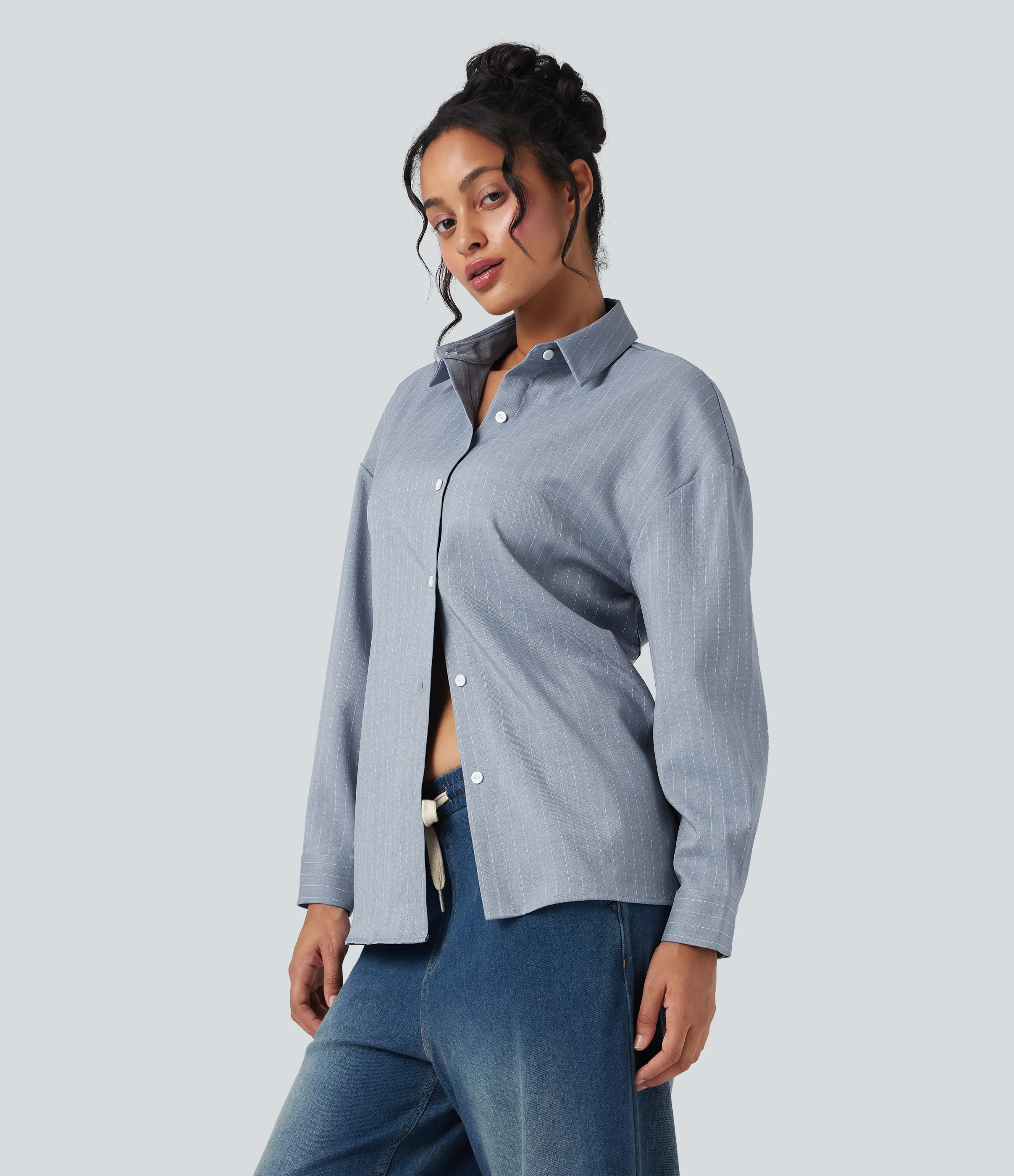 Halara Camisa de oficina a rayas de manga larga - Frostline Grey - XL sold by Halara product image thumbnail 4