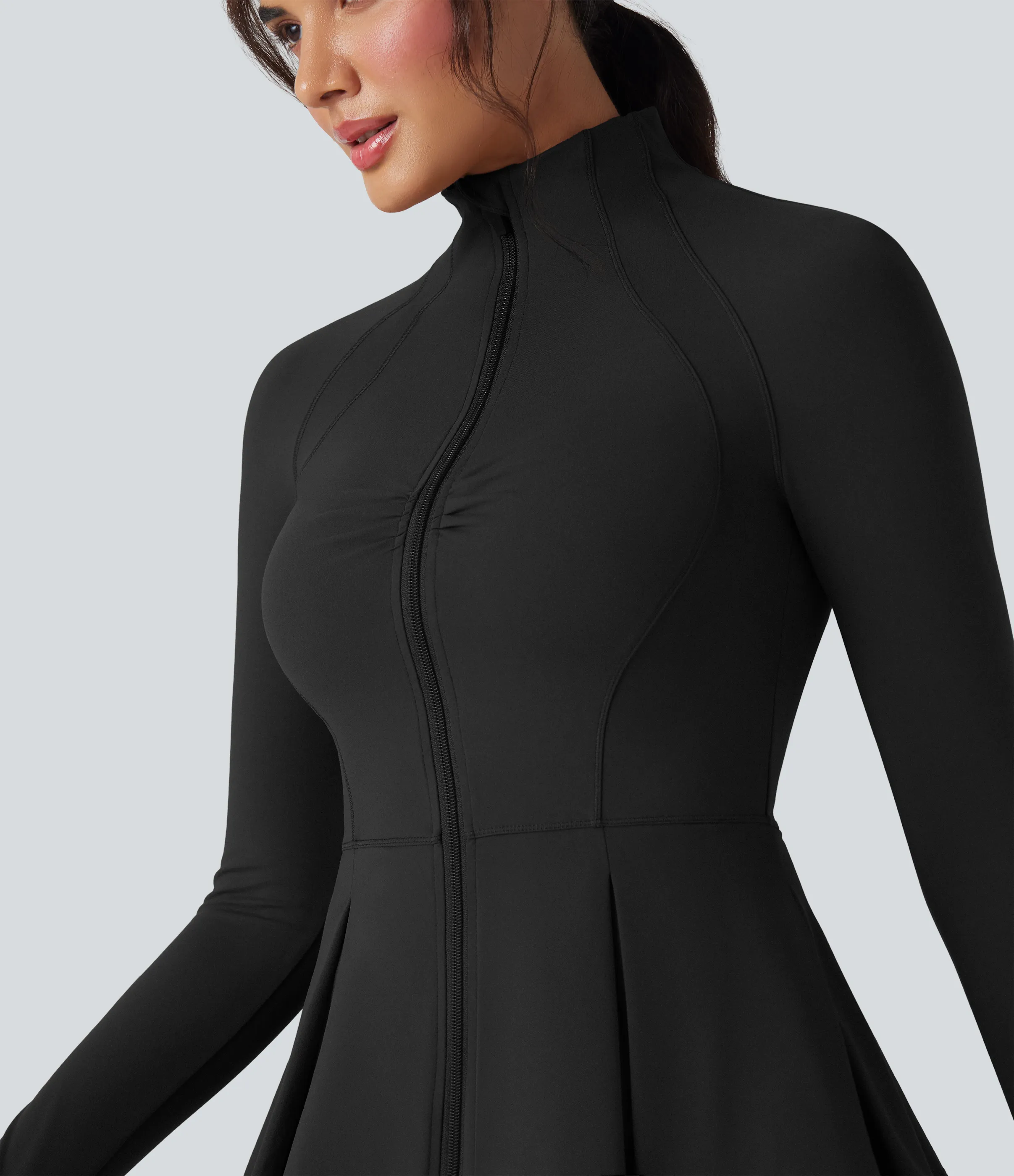 Halara Chaqueta de yoga ajustada SoftlyZero™ de felpa con cuello alto, aberturas para los pulgares y dobladillo plisado fruncido - Black - M sold by Halara product image thumbnail 5