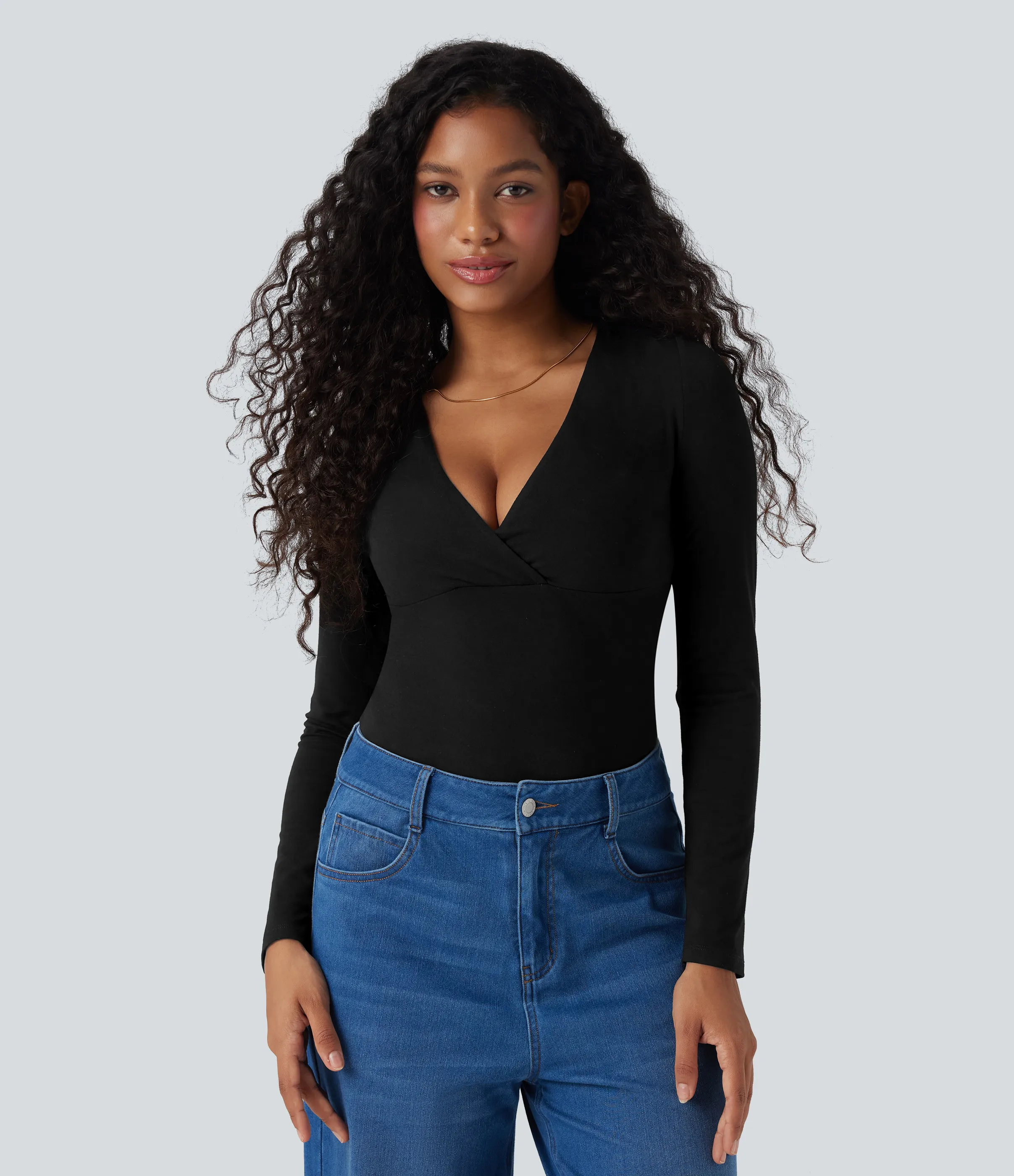 Halara Top casual de manga larga con escote en V profundo - Black - L sold by Halara