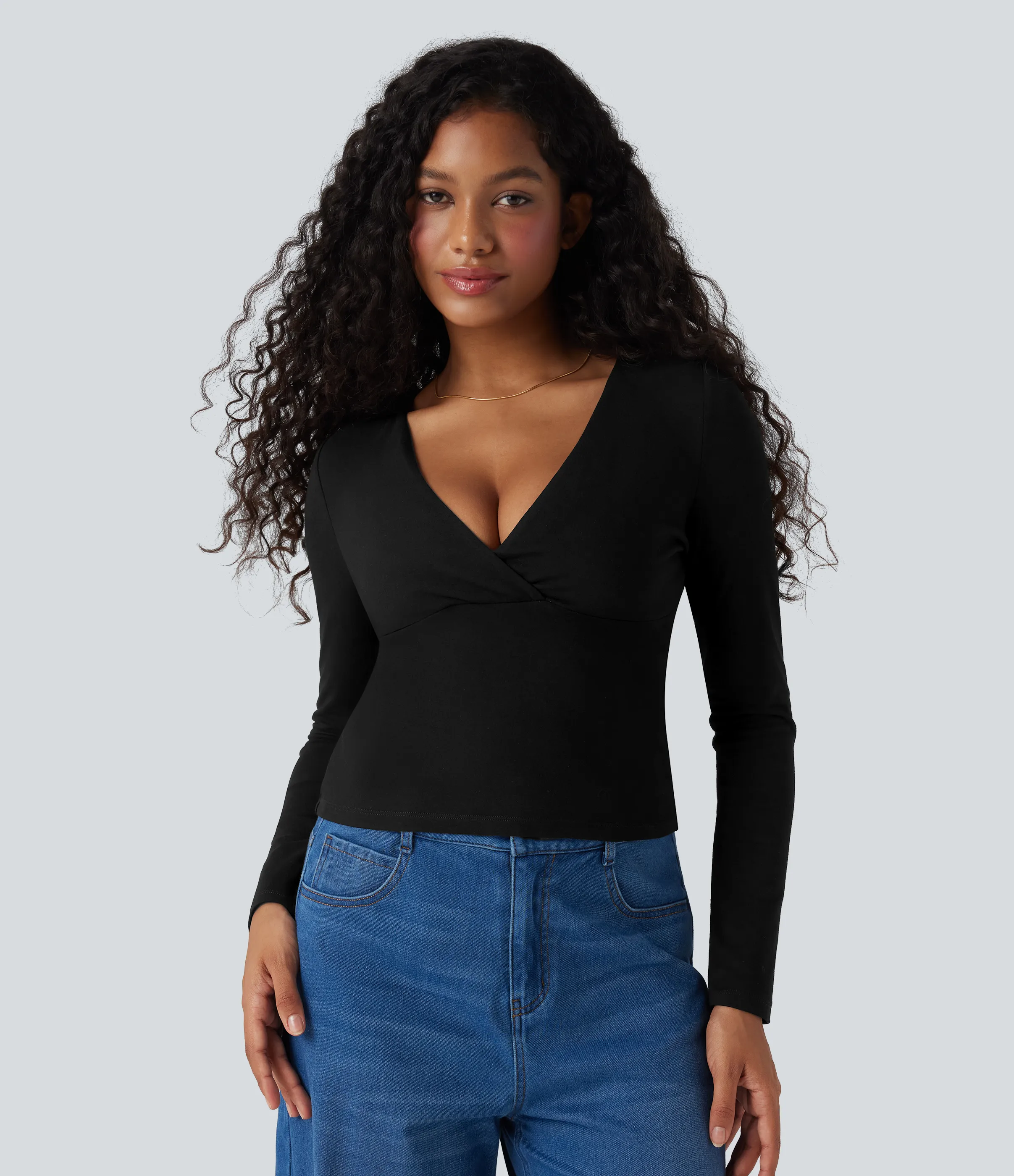 Halara Top casual de manga larga con escote en V profundo - Black - L sold by Halara product image thumbnail 5