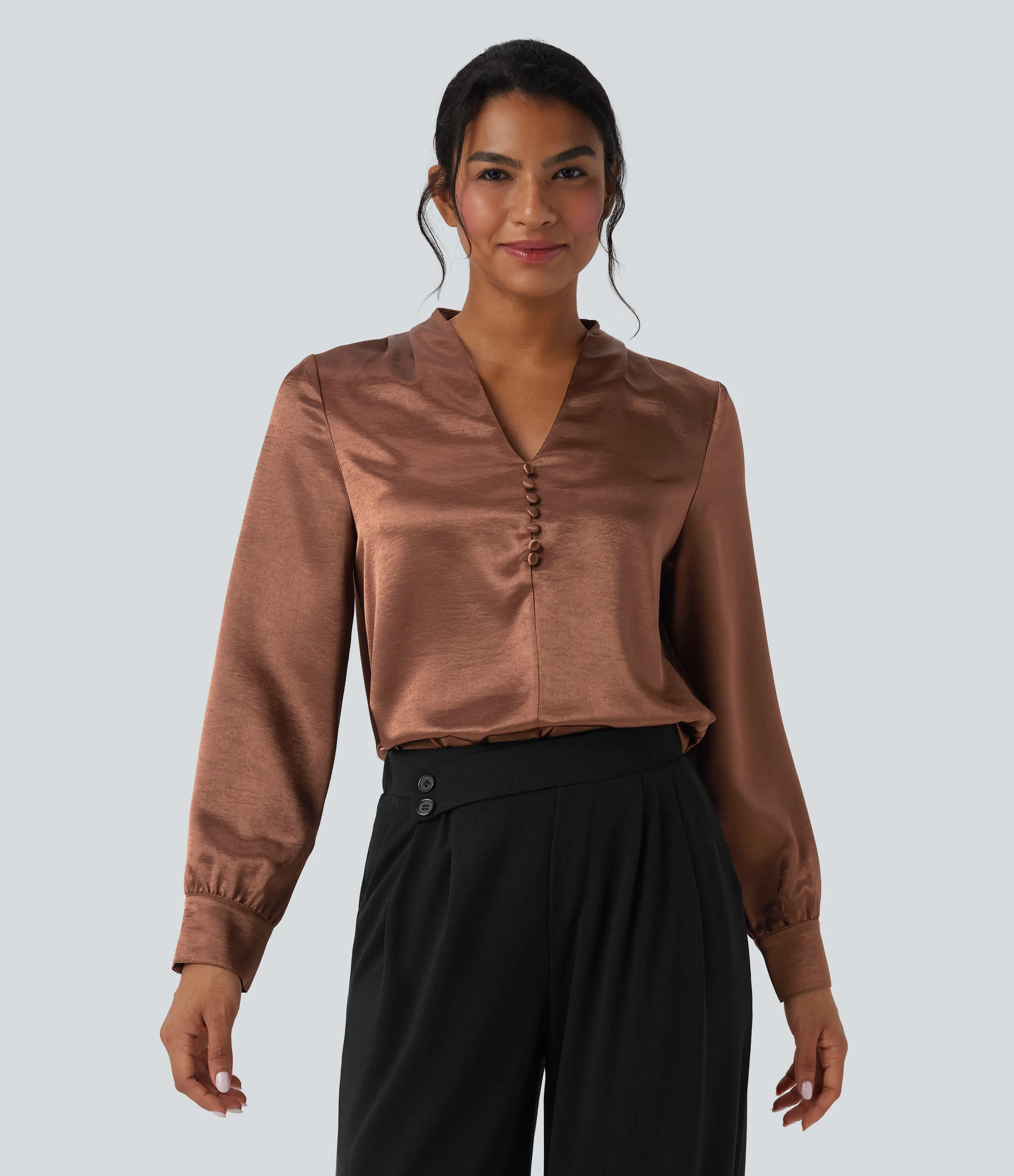 Halara Blusa de oficina de satén de manga larga con cuello en V - Russet - L sold by Halara product image thumbnail 2