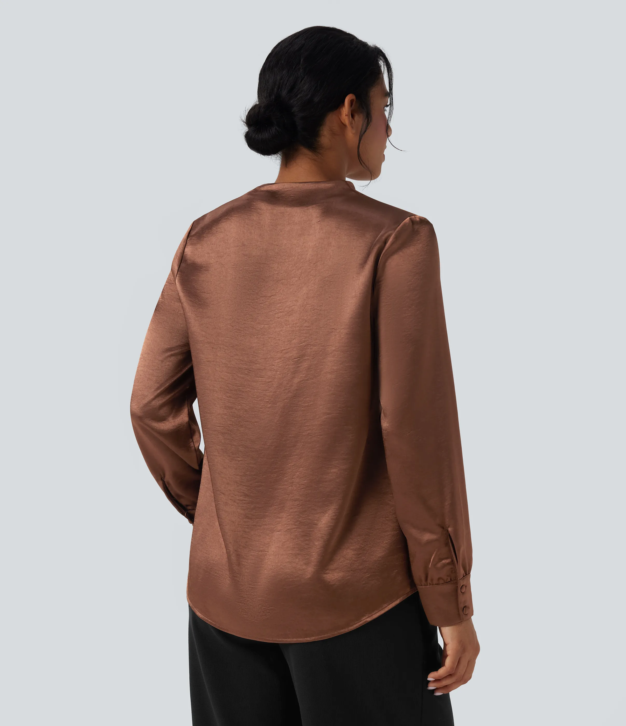 Halara Blusa de oficina de satén de manga larga con cuello en V - Russet - L sold by Halara product image thumbnail 3