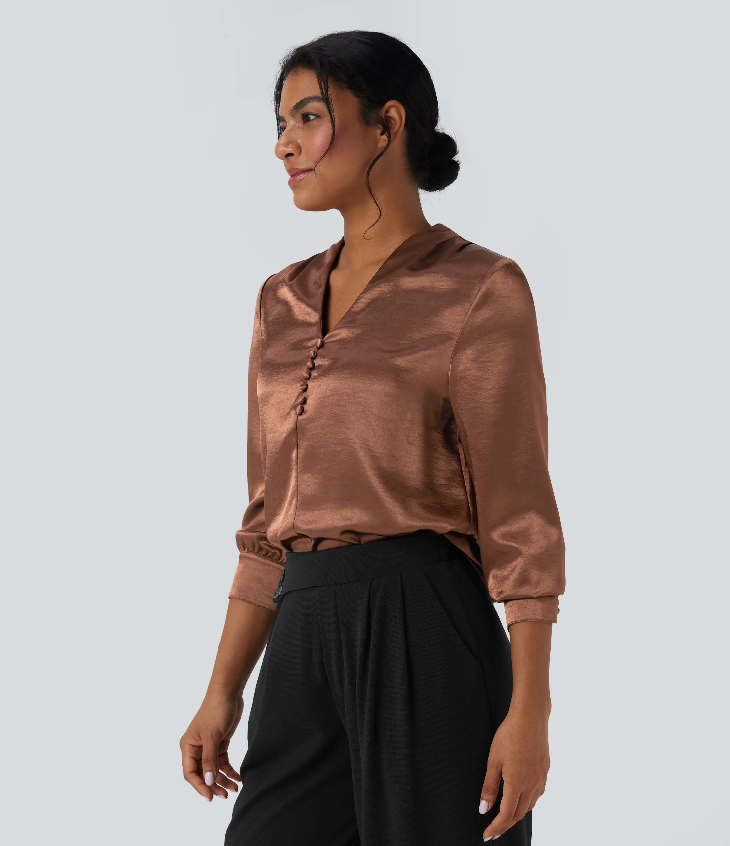 Halara Blusa de oficina de satén de manga larga con cuello en V - Russet - L sold by Halara product image thumbnail 4