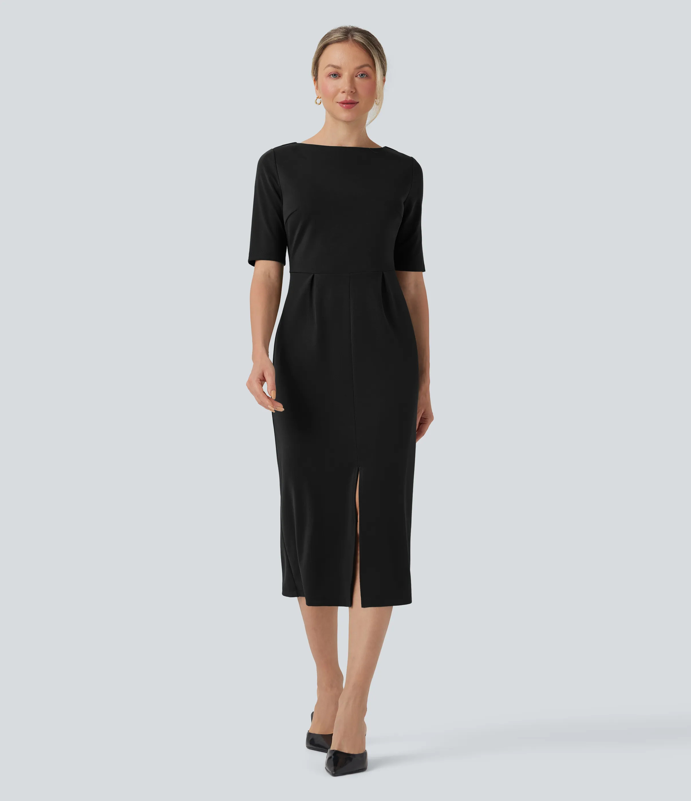 Halara Vestido de oficina con abertura y manga corta con escote redondeado - Black - XS sold by Halara product image thumbnail 2