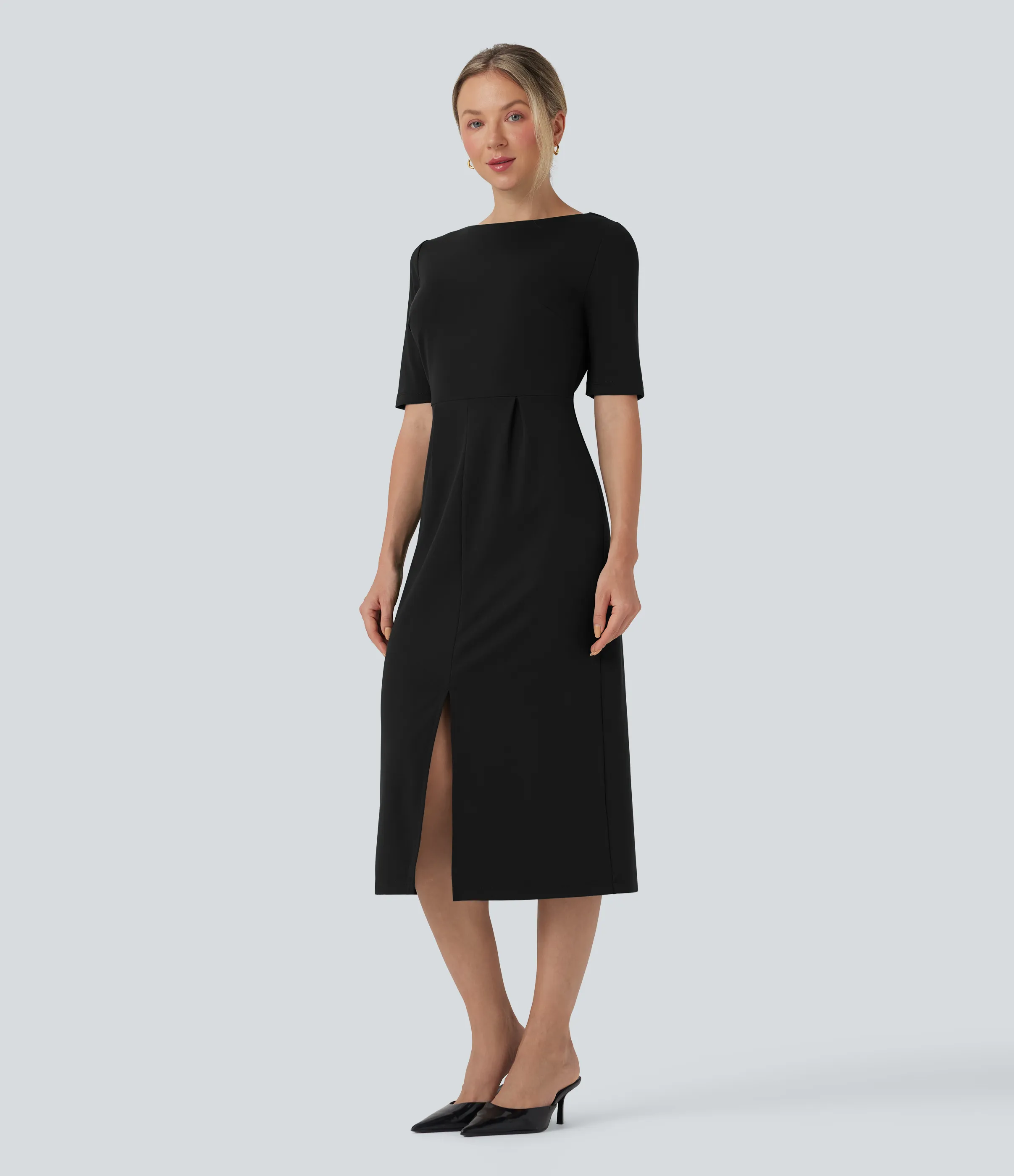 Halara Vestido de oficina con abertura y manga corta con escote redondeado - Black - XS sold by Halara product image thumbnail 4