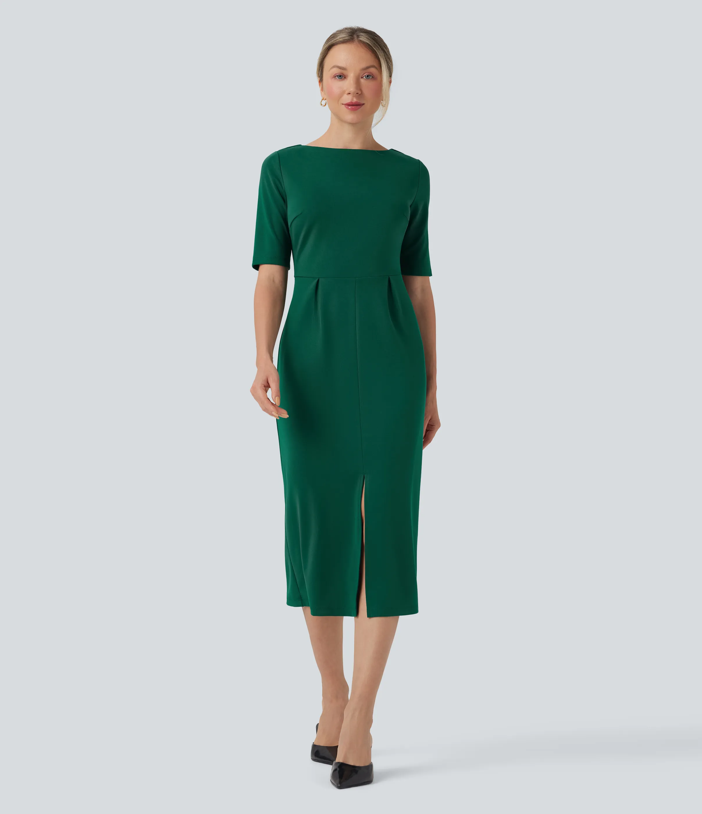 Halara Vestido de oficina con abertura y manga corta con escote redondeado - Aventurine - L sold by Halara product image thumbnail 2