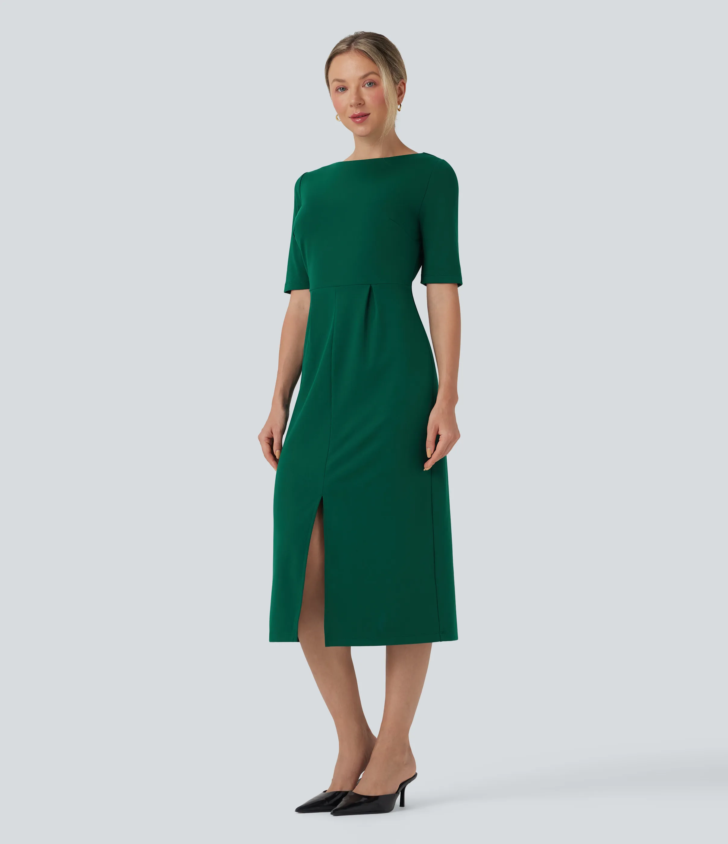 Halara Vestido de oficina con abertura y manga corta con escote redondeado - Aventurine - L sold by Halara product image thumbnail 4