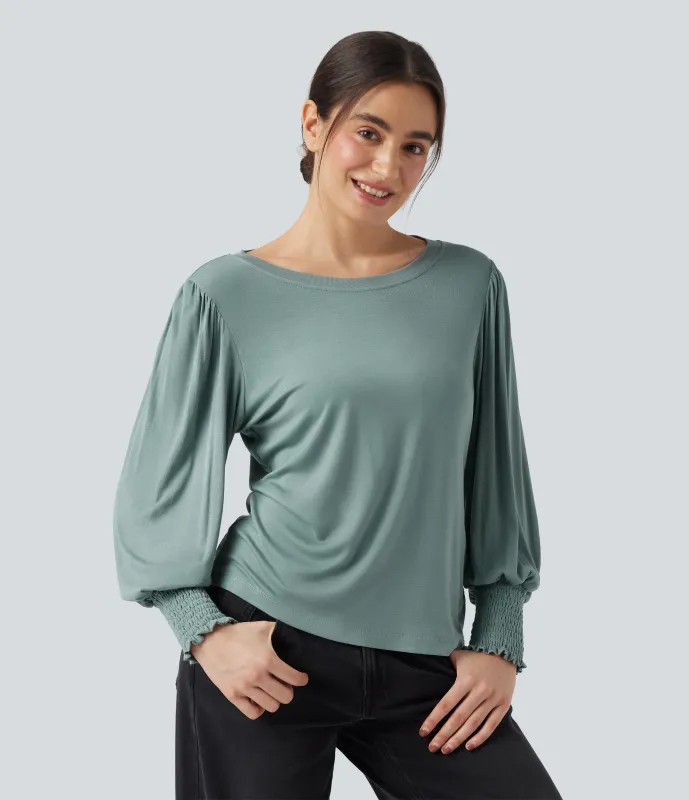 Halara Top casual con cuello redondo y mangas abullonadas - Morning Dew Green - S sold by Halara