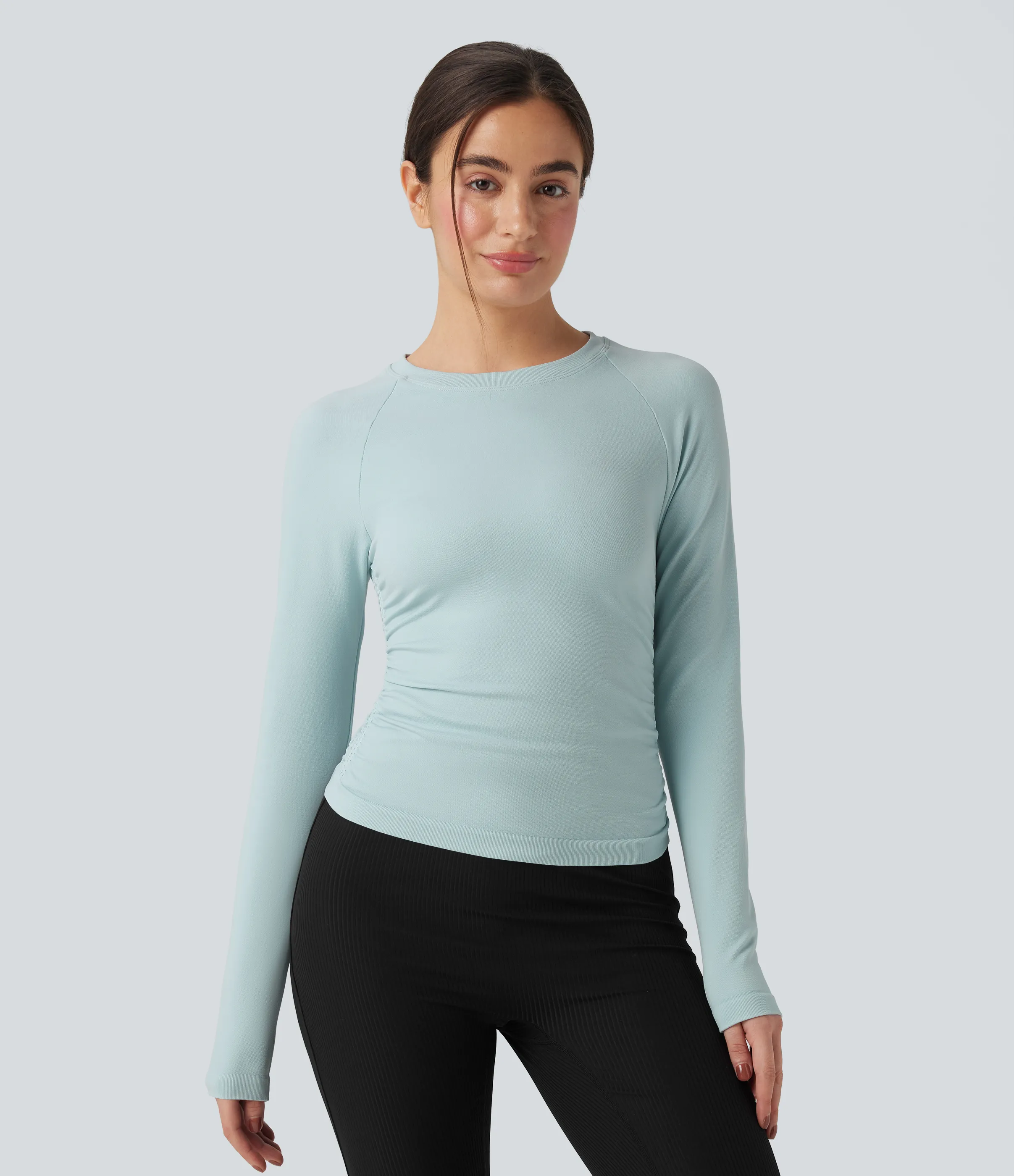 Halara Top deportivo de yoga fruncido de manga larga sin costuras - Pastel Blue - S sold by Halara
