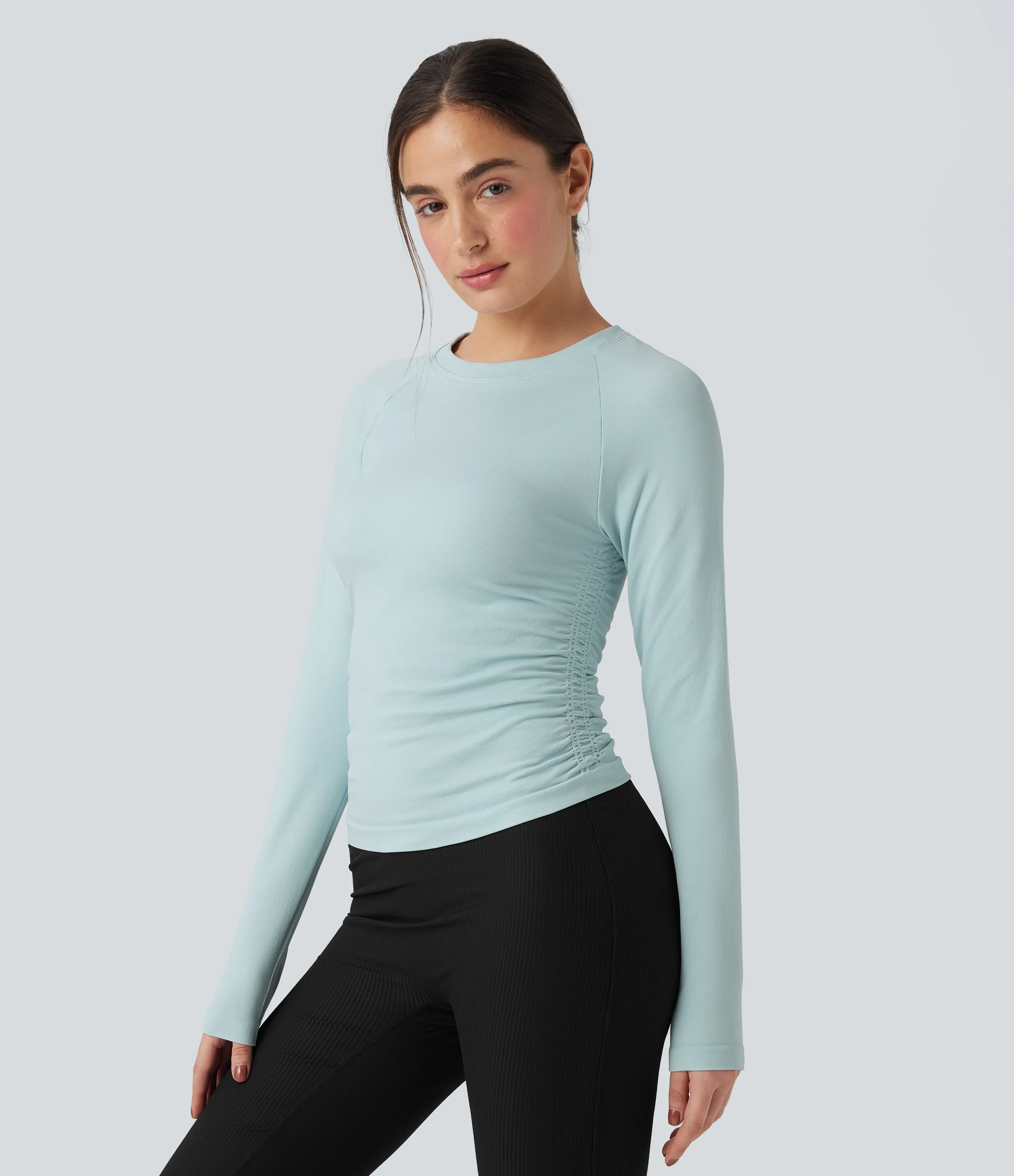 Halara Top deportivo de yoga fruncido de manga larga sin costuras - Pastel Blue - S sold by Halara product image thumbnail 4