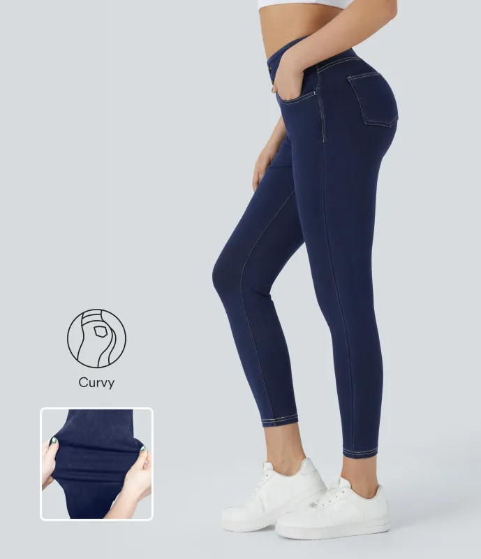 Halara Leggings Halara Flex™ Denim mezclilla punto elástico botones decorativos tiro alto curva múltiples bolsillos 7/8 - Washed Denim Navy Blue - L(7/8) sold by Halara