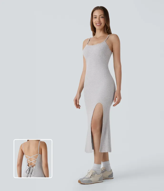 Halara Vestido midi camisero acanalado sin espalda cordón cruzado abertura media pierna - Fog Gray - XL sold by Halara