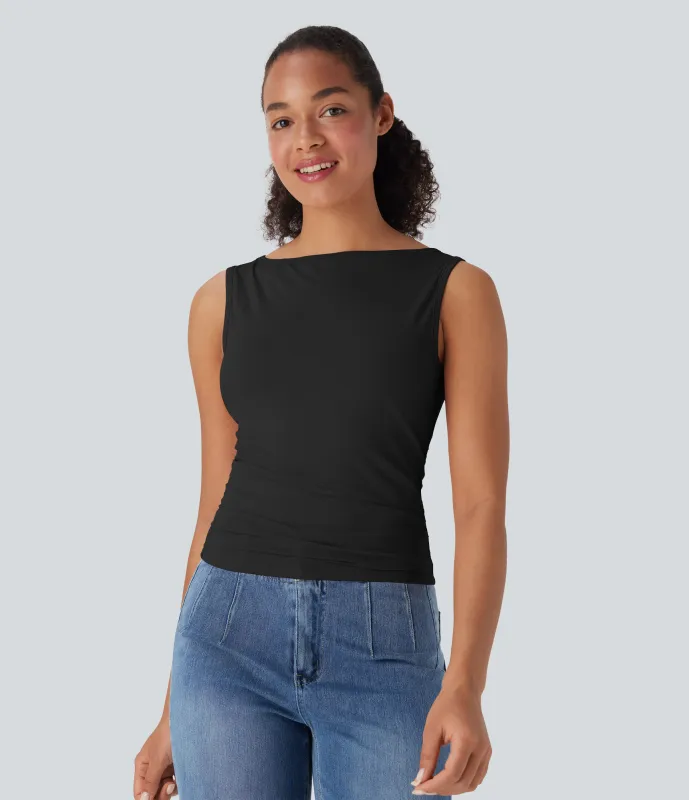 Halara Top casual fruncido sin mangas con cuello barco - Black - L sold by Halara
