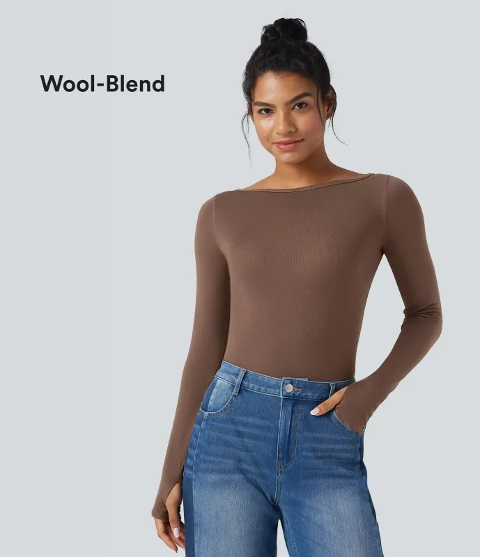 Halara Top casual de lana con cuello barco de manga larga y abertura para el pulgar - Cocoa Brown - L sold by Halara
