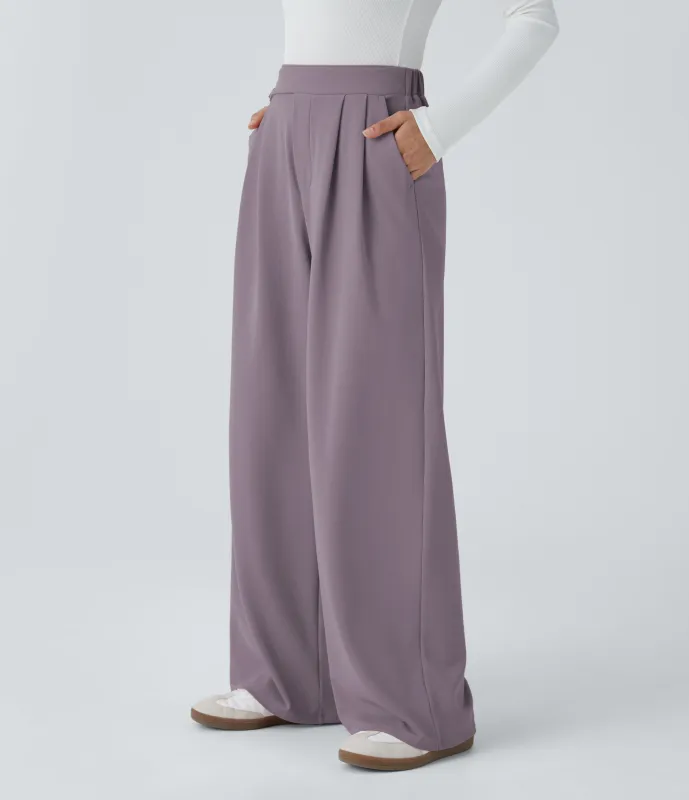 Halara Pantalón tiro alto botón bolsillo lateral plisado pierna ancha - Hibiscus Purple - L(regular) sold by Halara