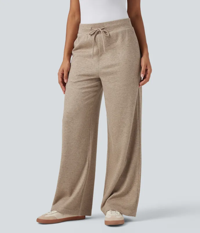 Halara Pantalones holgados casuales de punto acanalado con tiro alto, cordón ajustable y bolsillos - Oatstone Beige - XL(regular) sold by Halara