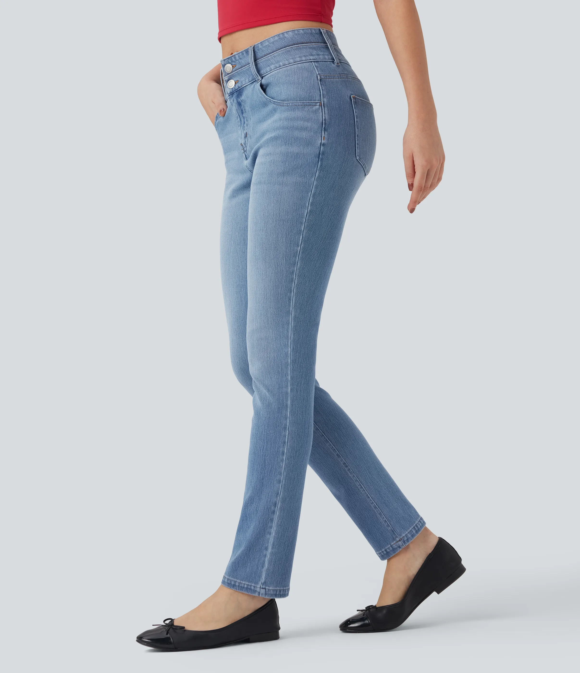 Halara Jeans ajustados casuales Halara Flex™ de tiro medio con cintura doble y bolsillos - Blue Jasper Denim - XL(regular) sold by Halara product image thumbnail 4