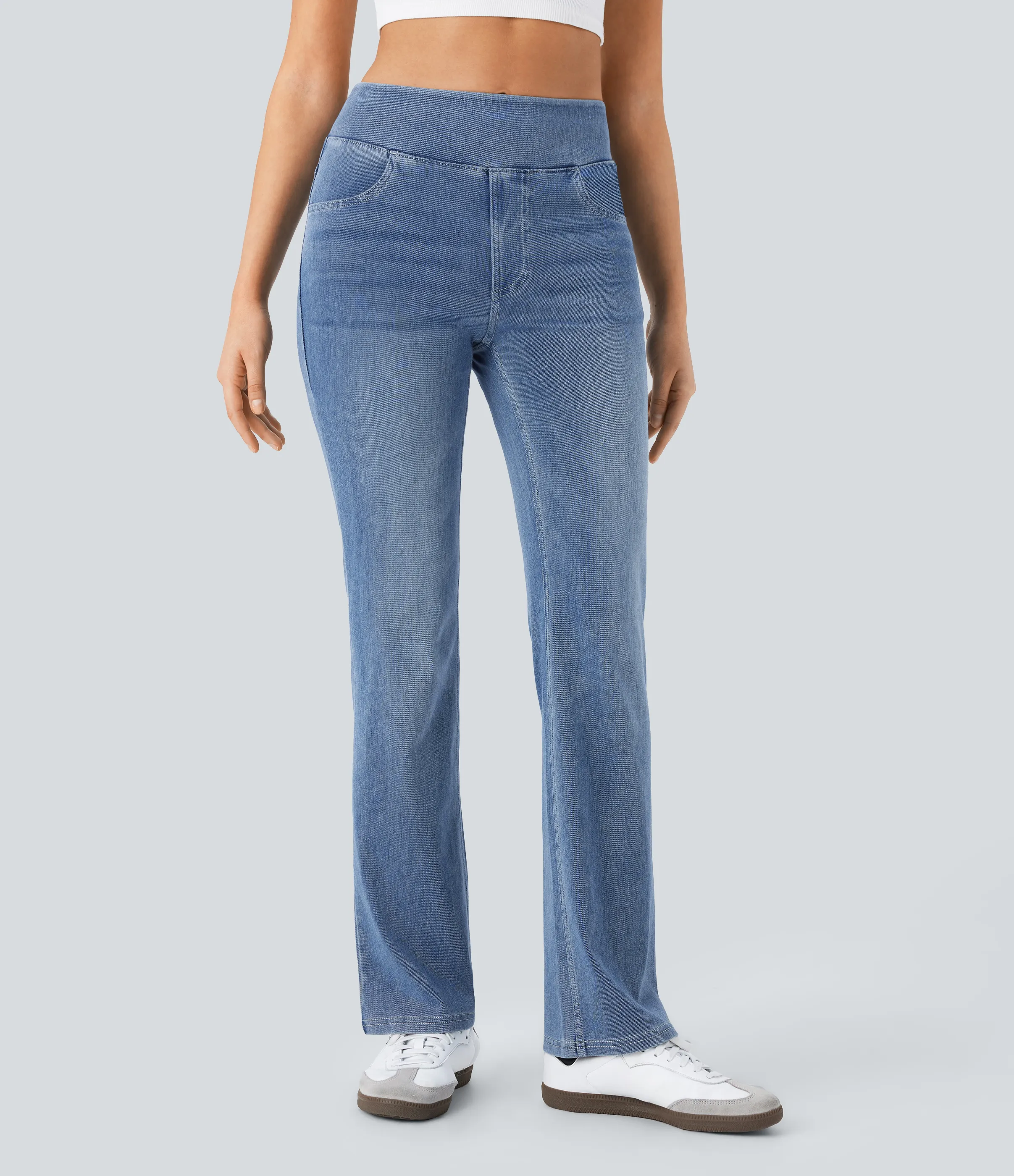 Halara Jeans Halara Flex™ Denim tiro alto lavado elástico múltiple bolsillo corte acampanado - Blue Gray Denim - S(regular) sold by Halara