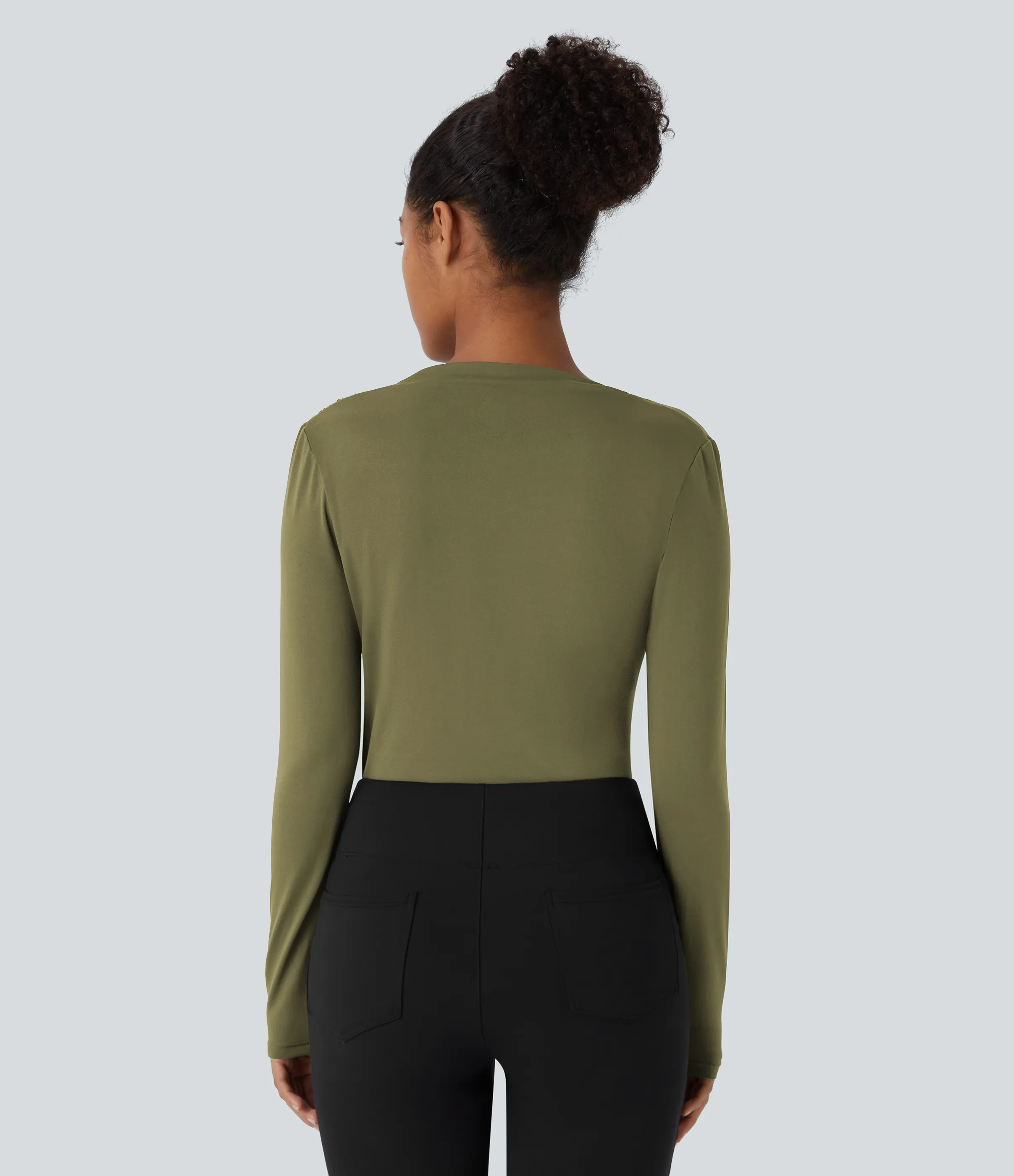 Halara Blusa oficina ajustada manga larga fruncida cuello vuelto - Capulet Olive - S sold by Halara product image thumbnail 3