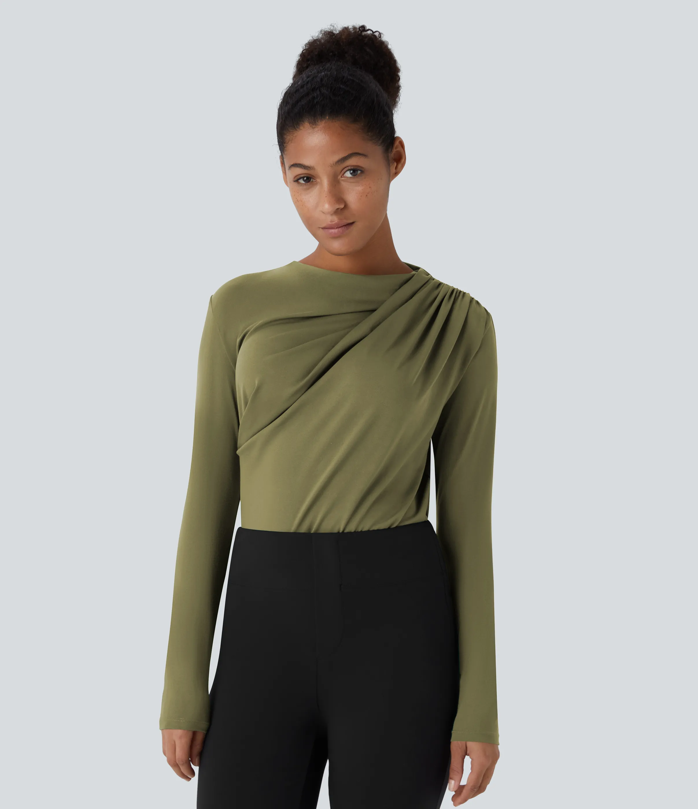 Halara Blusa oficina ajustada manga larga fruncida cuello vuelto - Capulet Olive - S sold by Halara product image thumbnail 5