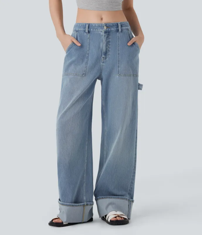 Halara Jeans holgado Baggy Halara Flex™ Denim elástico estilo desgastado con dobladillo enrollado y tiro bajo con bolsillos -  Blue Jasper Denim - S(regular) sold by Halara