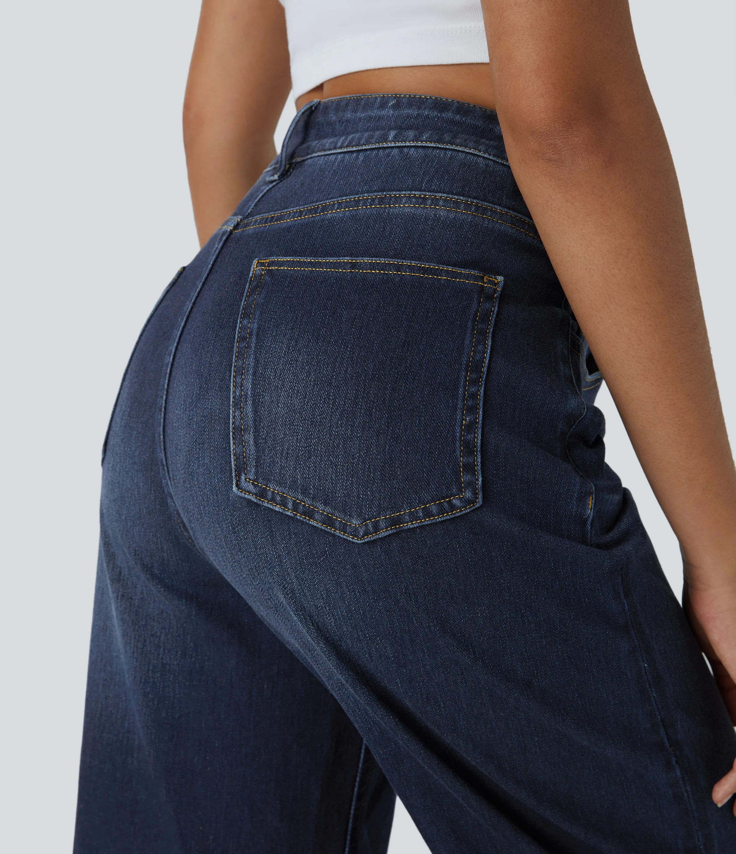 Halara Jeans casuales anchos elásticos Halara Flex™ lavados de tiro alto con varios bolsillos y dobladillo enrollado - Distressed Denim Dark Blue - M(petite) sold by Halara product image thumbnail 5