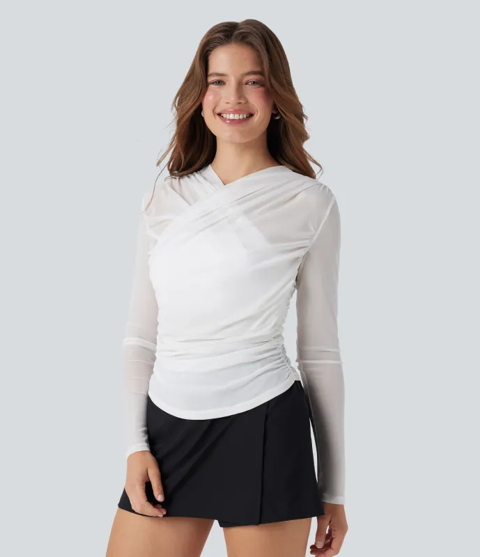 Halara Top casual fruncido con cuello en V cruzado de malla transparente - White - XL sold by Halara