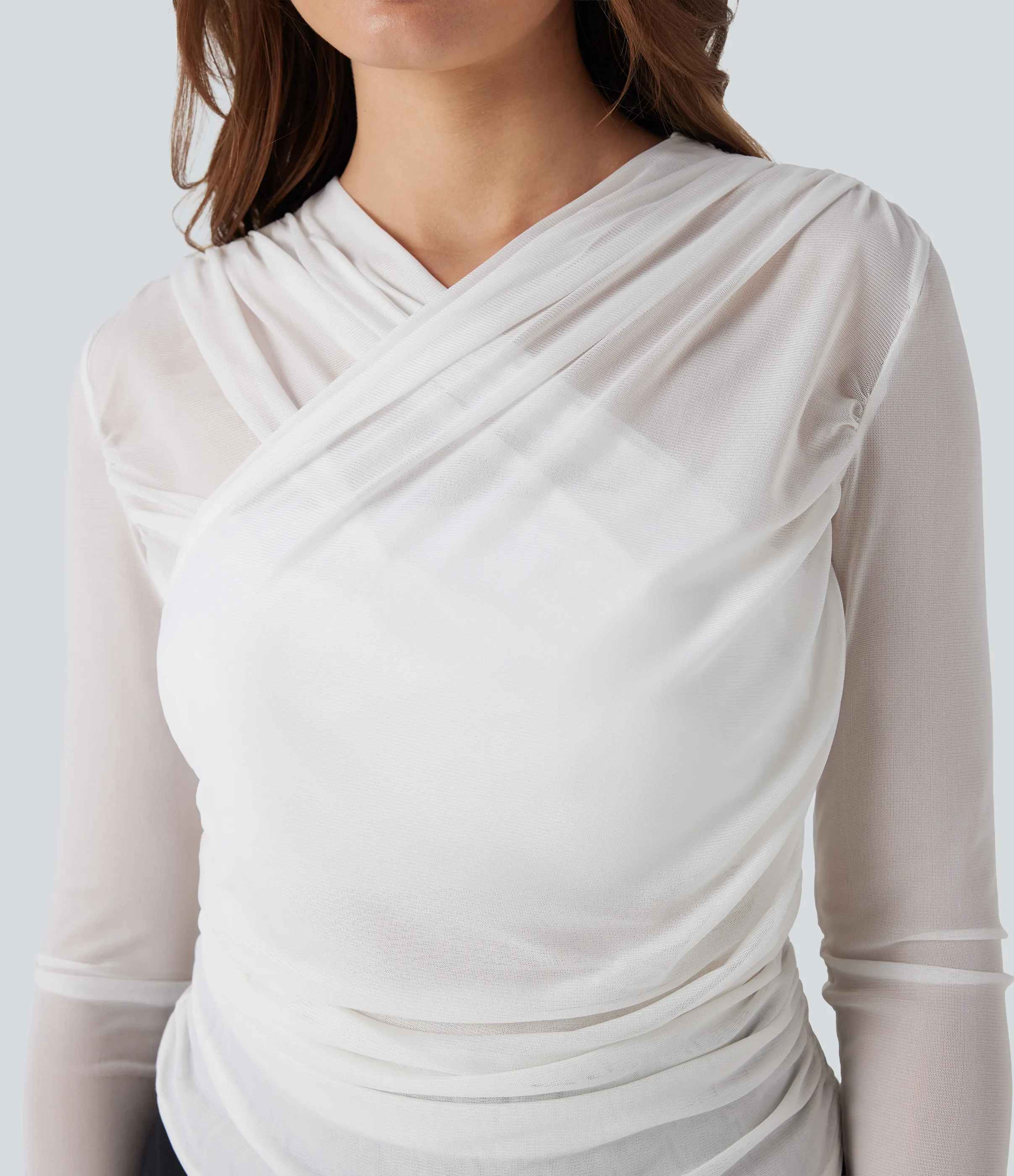 Halara Top casual fruncido con cuello en V cruzado de malla transparente - White - XL sold by Halara product image thumbnail 5