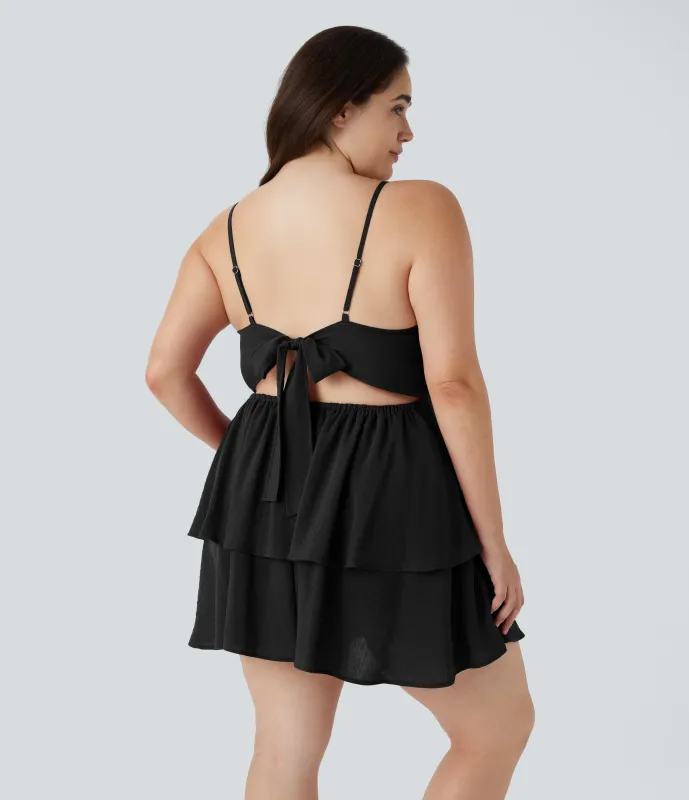 Halara Vestido mini casual de lino con volantes escalonados y lazo en la espalda en tallas grandes - Black - 3X sold by Halara