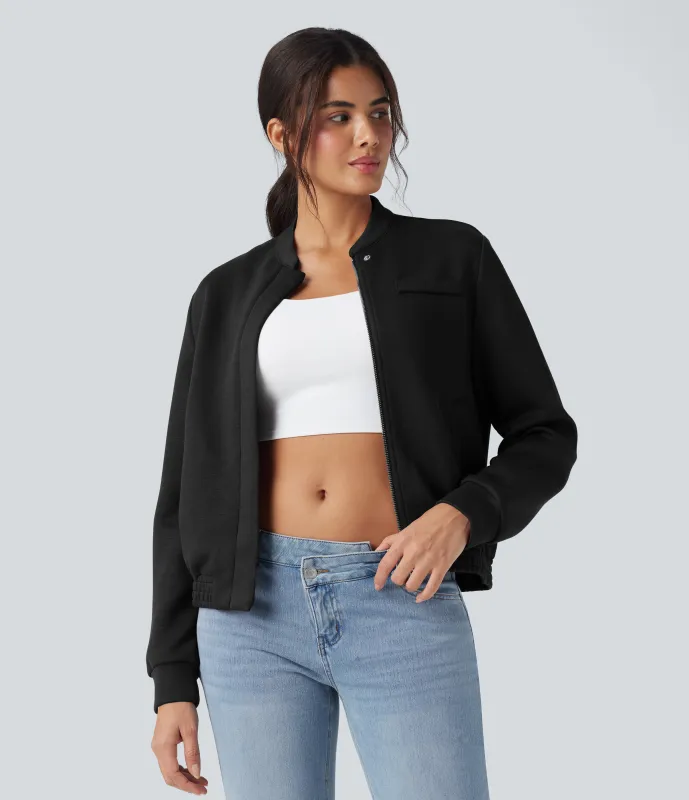 Halara Chamarra bomber casual de manga larga con cuello redondo y bolsillos - Black - M sold by Halara