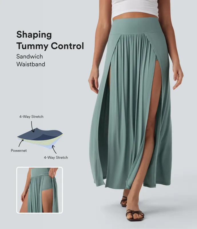 Halara Falda maxi casual 2 en 1 con abertura y drapeado de tiro alto y acanalada con efecto reductor de abdomen - Clear Green - S(regular) made by Halara