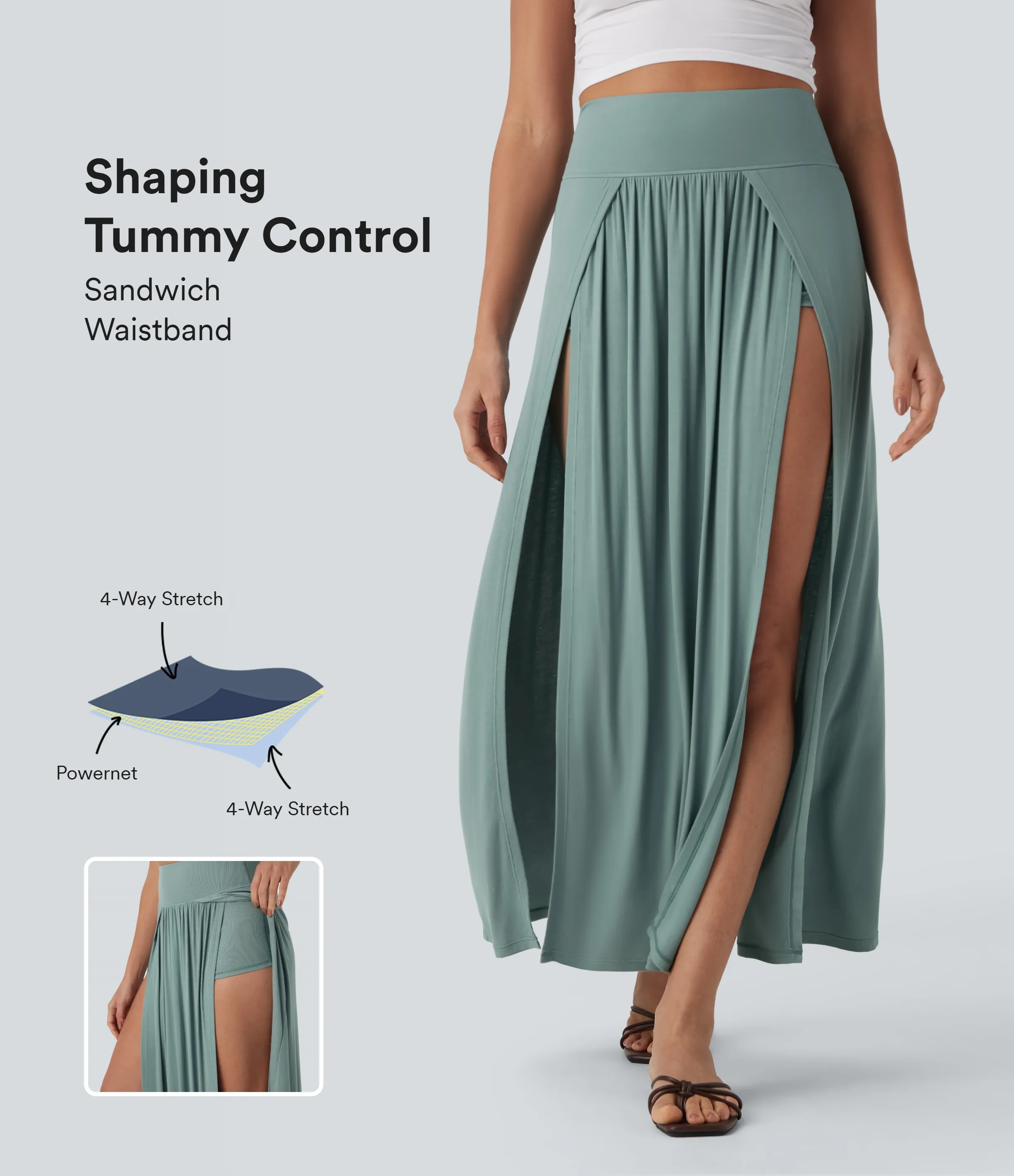 Halara Falda maxi casual 2 en 1 con abertura y drapeado de tiro alto y acanalada con efecto reductor de abdomen - Clear Green - S(regular) sold by Halara product image thumbnail 2