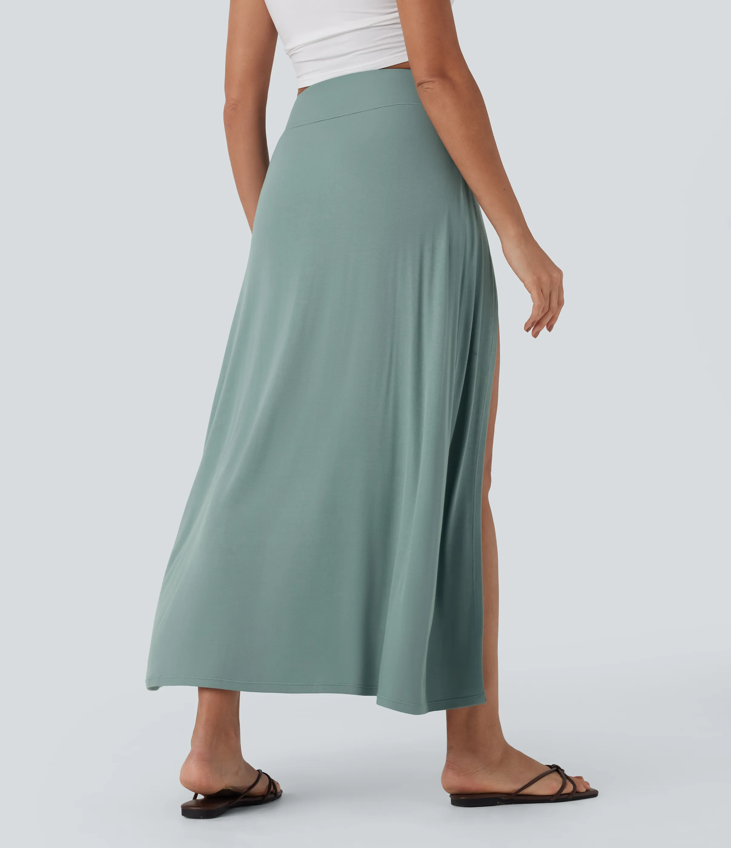Halara Falda maxi casual 2 en 1 con abertura y drapeado de tiro alto y acanalada con efecto reductor de abdomen - Clear Green - S(regular) sold by Halara product image thumbnail 3