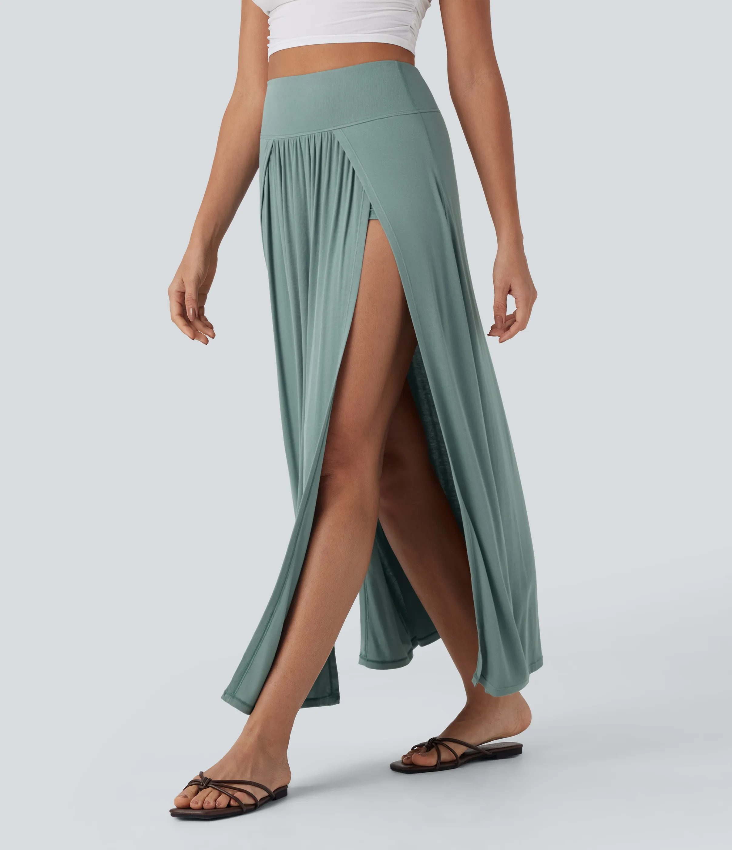 Halara Falda maxi casual 2 en 1 con abertura y drapeado de tiro alto y acanalada con efecto reductor de abdomen - Clear Green - S(regular) sold by Halara product image thumbnail 4