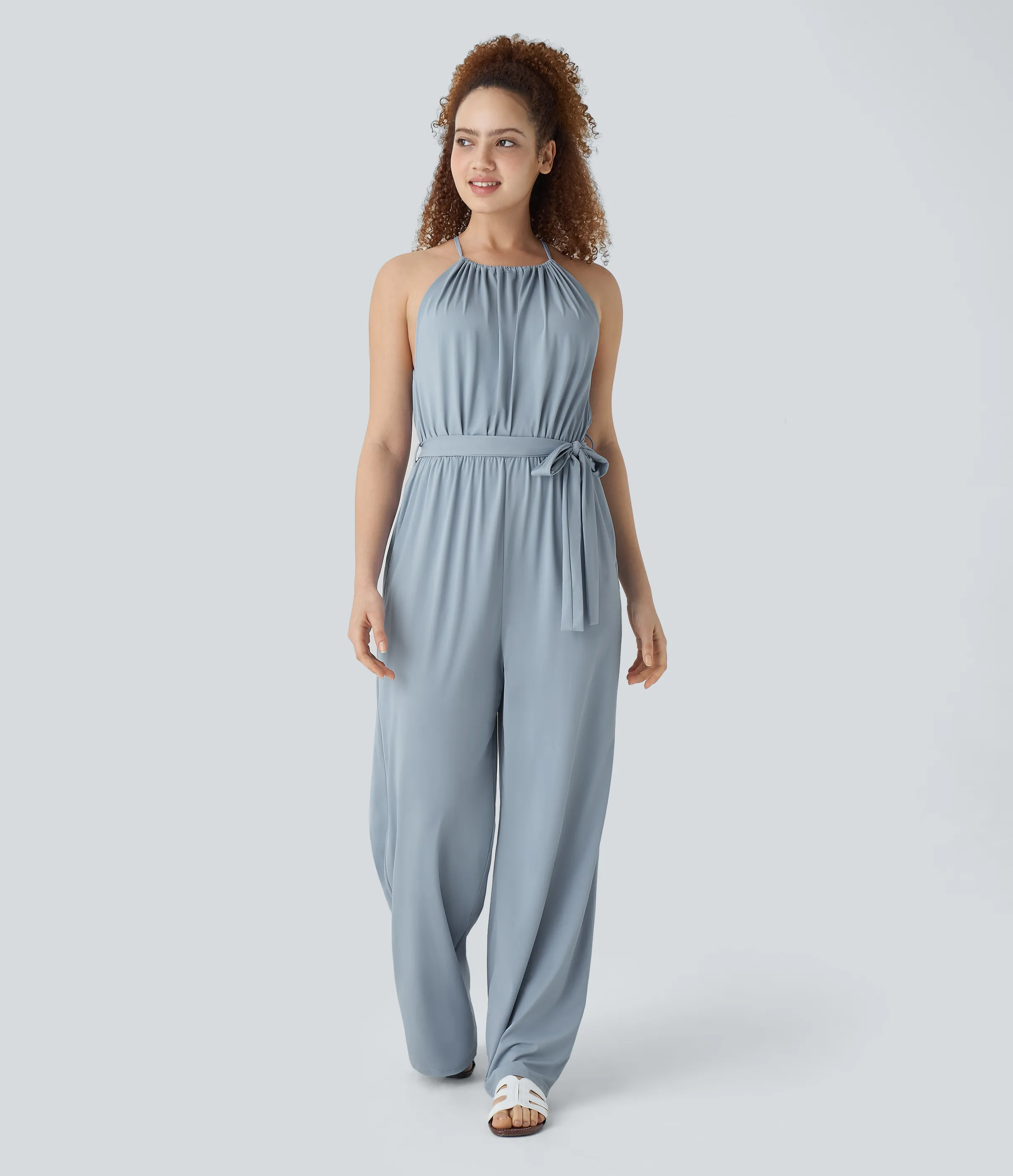 Halara Mono resort sin mangas lazo espalda plisado cinturón bolsillo lateral pierna ancha tacto fresco UPF50+ - Blue Fog - L sold by Halara product image thumbnail 2