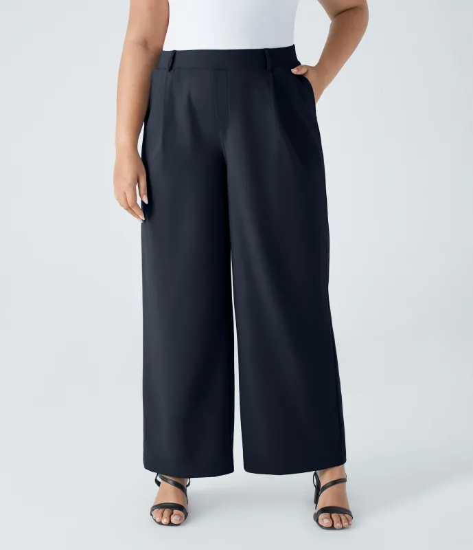 Halara Pantalón  oficina tiro alto recto bolsillo lateral pinzas talla grande - Midnight Blue - 1X(regular) made by Halara