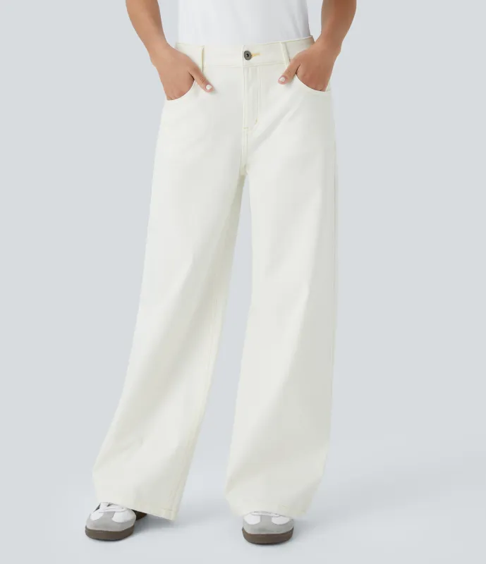 Halara Jeans Baggy Halara Flex™ Denim tiro bajo botón cremallera múltiple bolsillo elástico lavado holgado pierna ancha - Beige Denim - XL(regular) sold by Halara