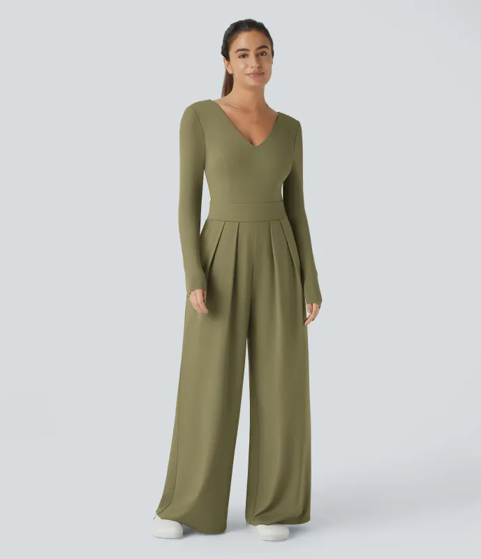 Halara Mono cuello V sin espalda manga larga bolsillo lateral plisado pierna ancha - Capulet Olive - S(regular) sold by Halara