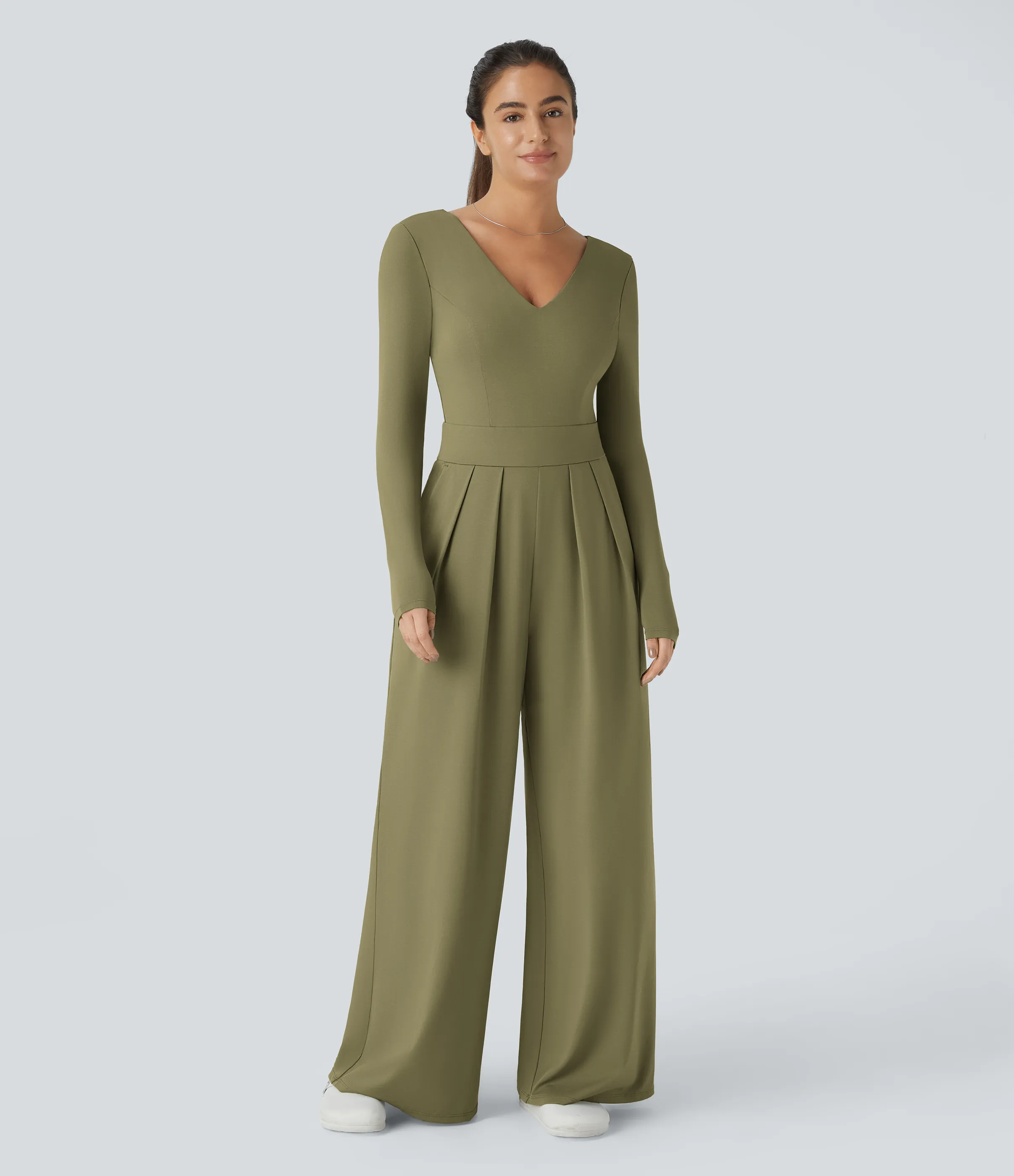 Halara Mono cuello V sin espalda manga larga bolsillo lateral plisado pierna ancha - Capulet Olive - S(regular) sold by Halara product image thumbnail 2