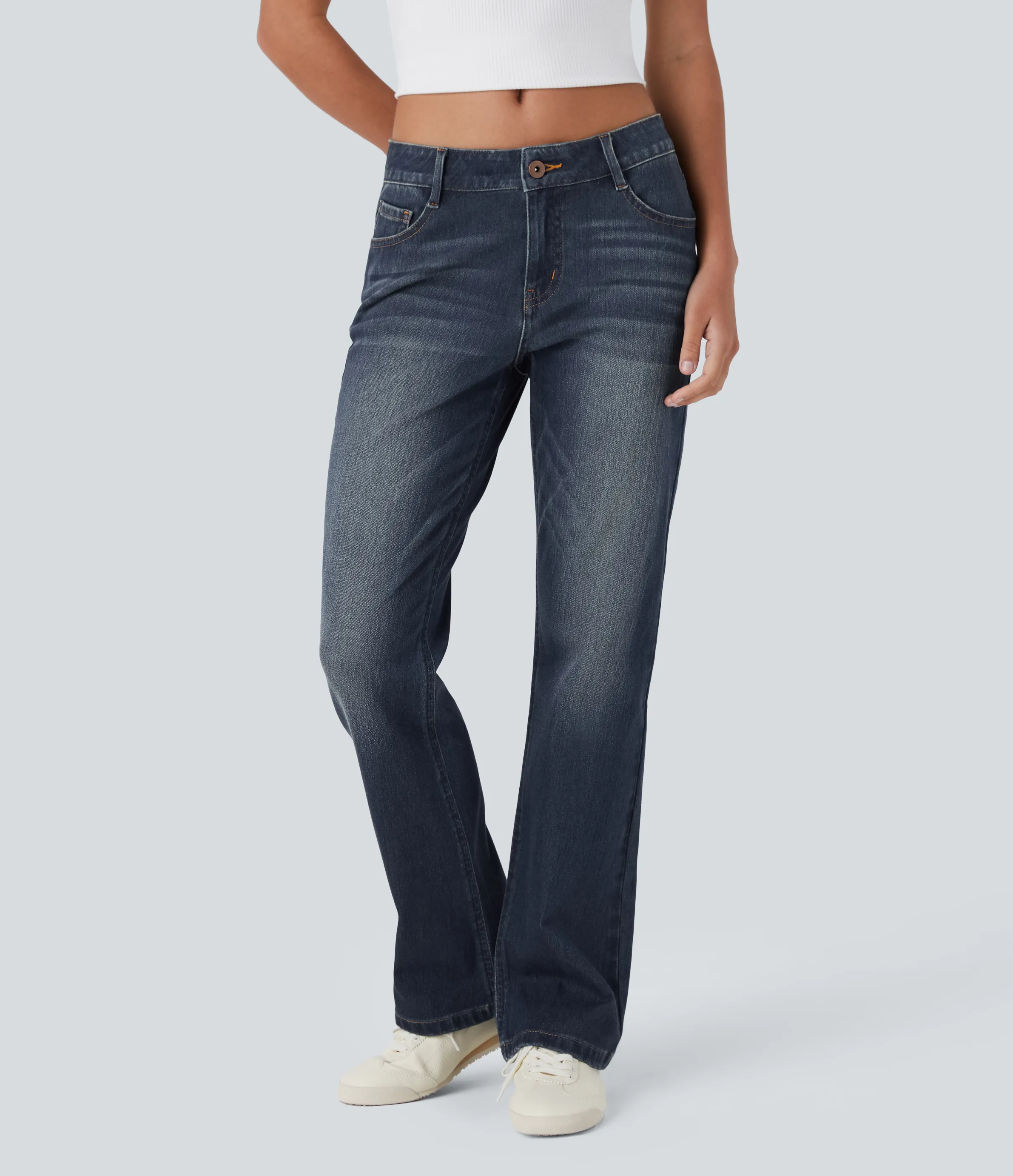 Halara Jeans Halara Flex™ Denim tiro bajo botón cremallera múltiple bolsillo elástico lavado - Forest Blue Denim - XS(tall) sold by Halara