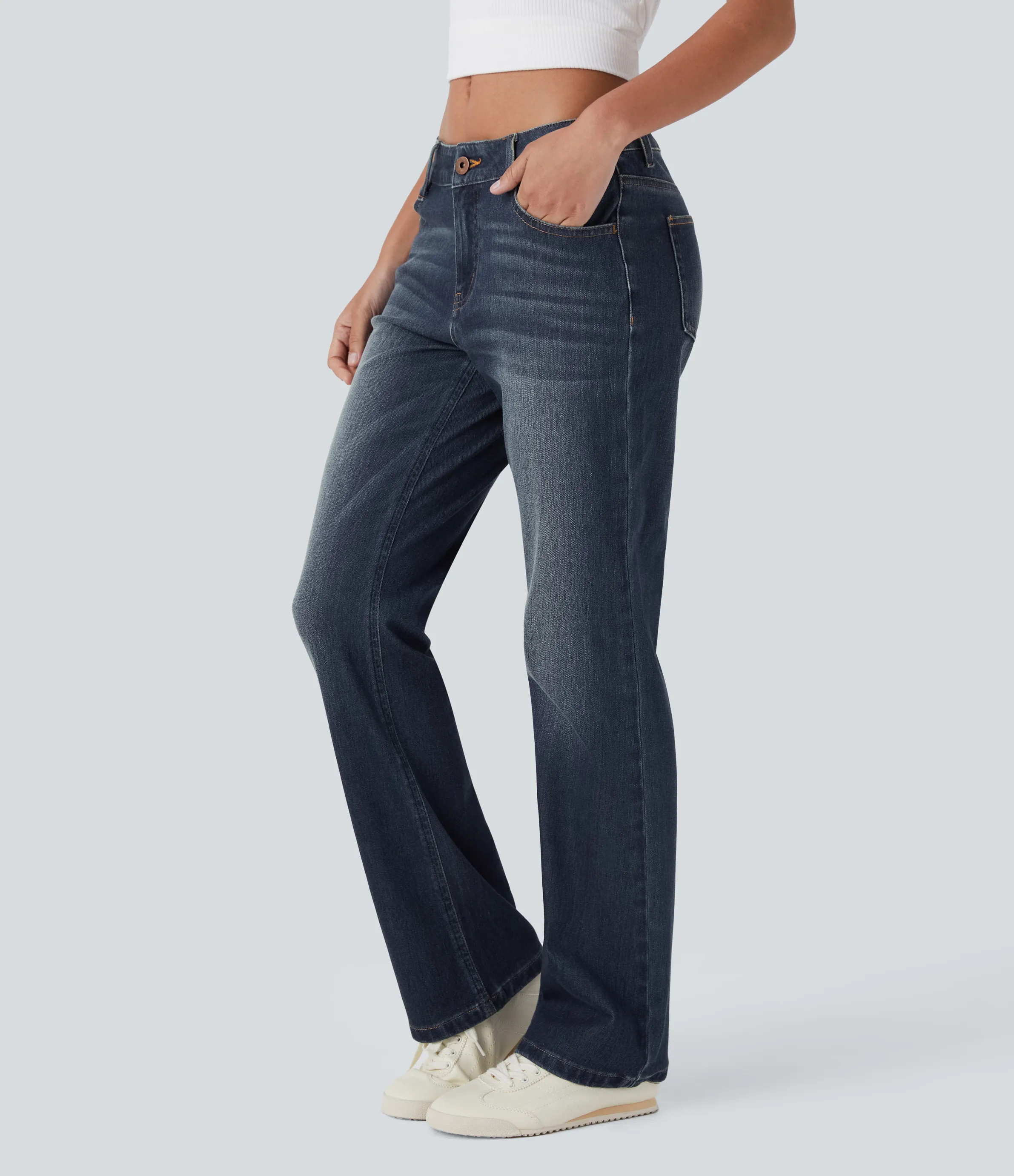 Halara Jeans Halara Flex™ Denim tiro bajo botón cremallera múltiple bolsillo elástico lavado - Forest Blue Denim - XS(tall) sold by Halara product image thumbnail 4