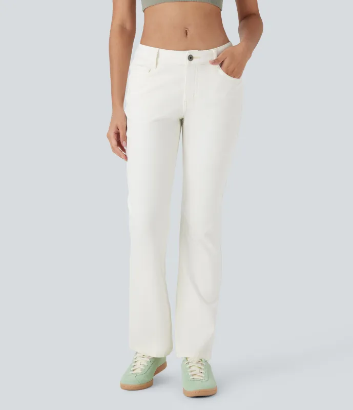 Halara Jeans Halara Flex™ Denim tiro bajo botón cremallera múltiple bolsillo elástico lavado - Beige Denim - M(tall) sold by Halara