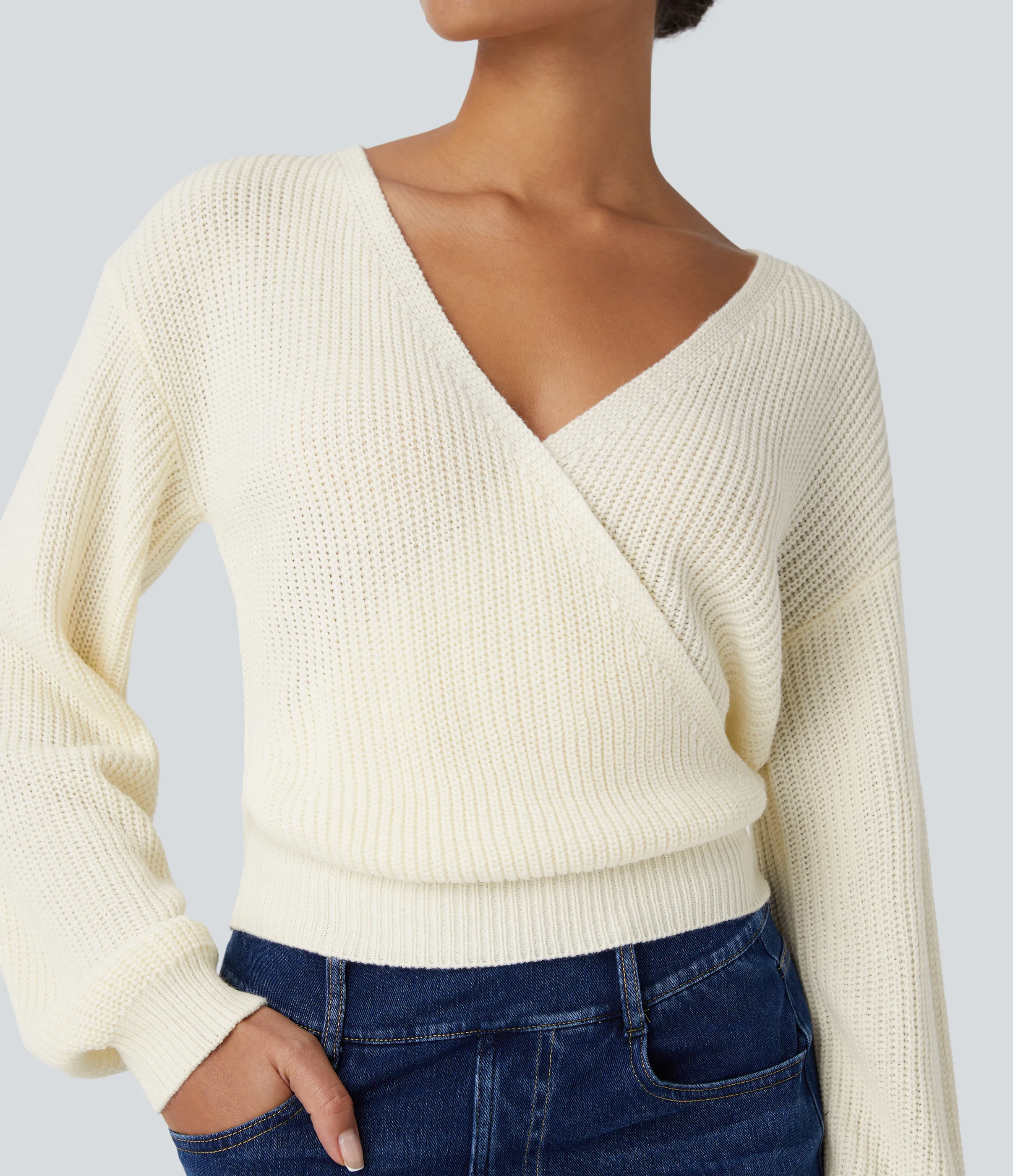 Halara Suéter holgado cuello V hombro caído manga larga - Light Beige - XL sold by Halara product image thumbnail 5