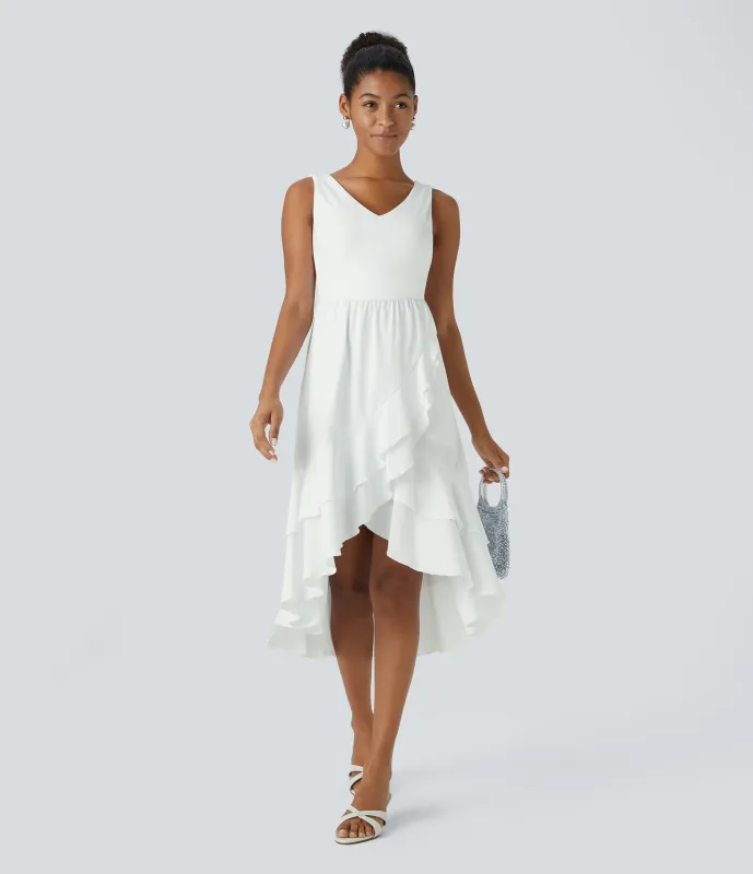 Halara Breezeful™ Vestido midi dama de honor invitada boda fluido cuello V sin espalda abertura bolsillo lateral volante plisado secado rápido - White - S made by Halara