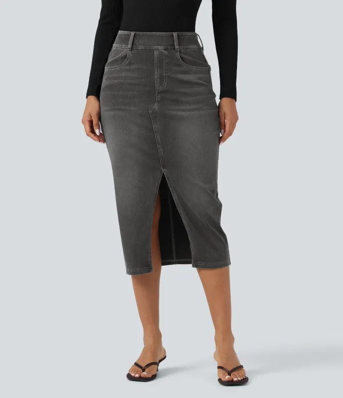 Halara Falda Midi Halara Flex™ Denim elástica de tiro alto descolorida con múltiples bolsillos - Charcoal Black Denim - M(regular) sold by Halara