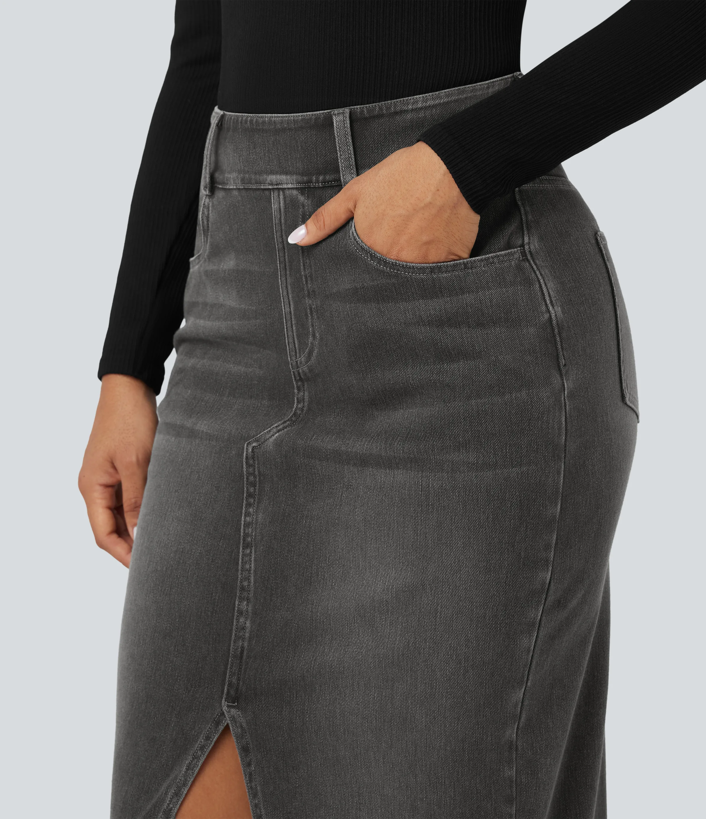 Halara Falda Midi Halara Flex™ Denim elástica de tiro alto descolorida con múltiples bolsillos - Charcoal Black Denim - M(regular) sold by Halara product image thumbnail 5