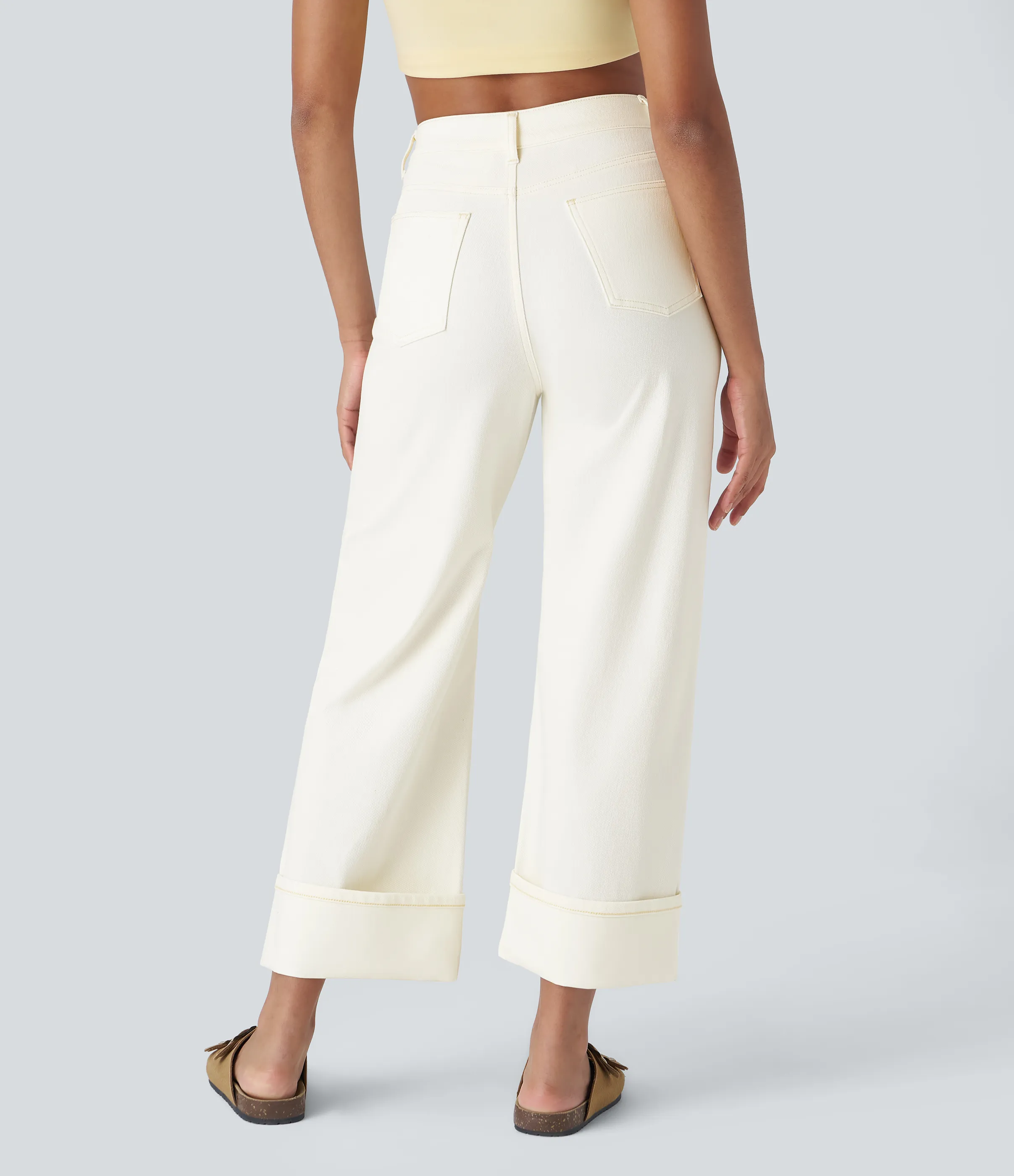 Halara Jeans casuales anchos elásticos Halara Flex™ lavados de tiro alto con varios bolsillos y dobladillo enrollado - Beige Denim - S(tall) sold by Halara product image thumbnail 3